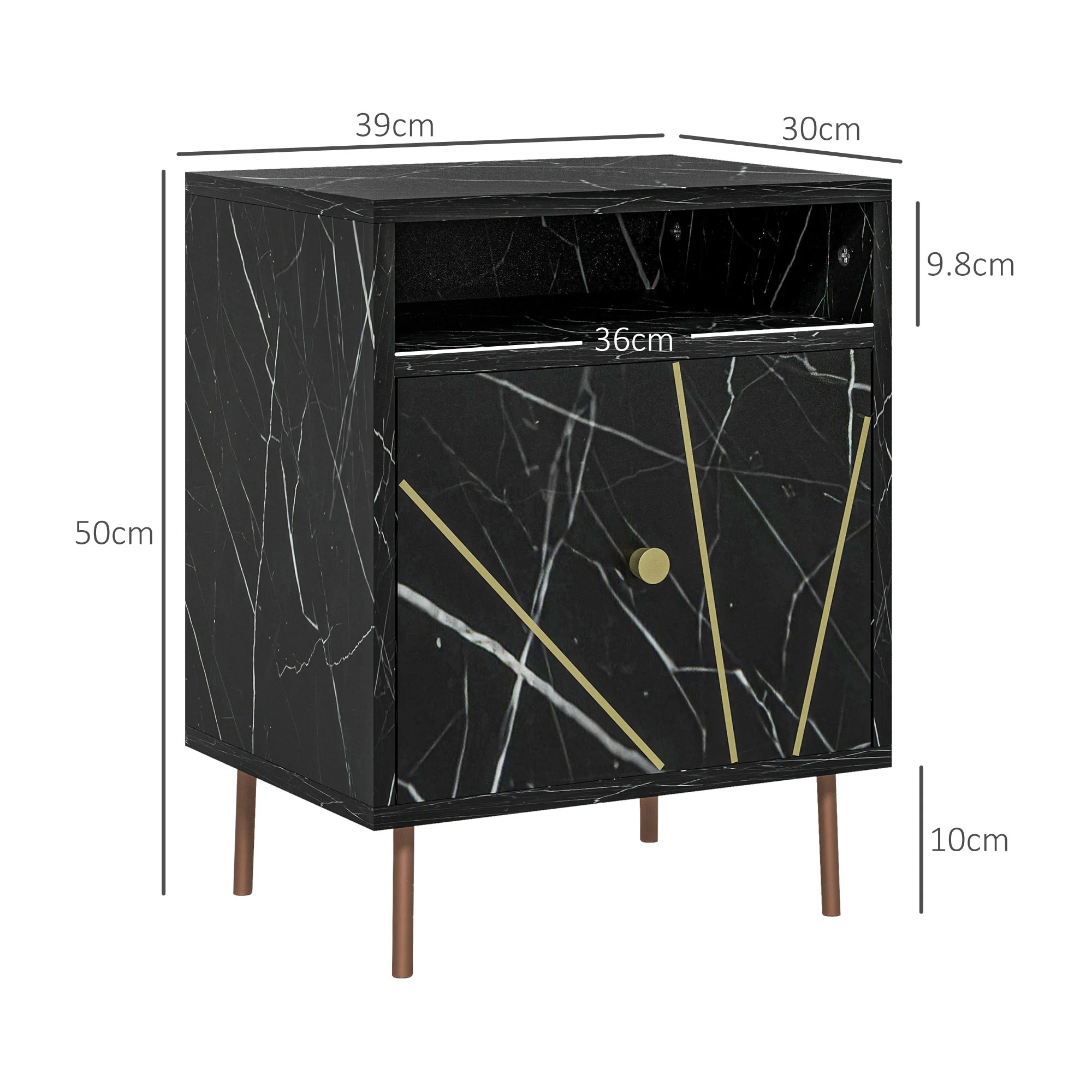 HOMCOM Modern Bedside Table With Drawer And Open Shelf Black Marble Effect - Image 5