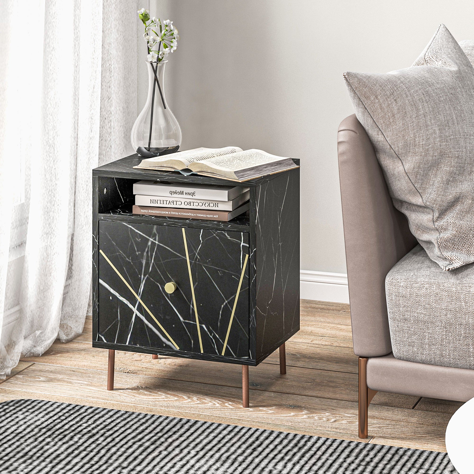 HOMCOM Modern Bedside Table With Drawer And Open Shelf Black Marble Effect - Image 8