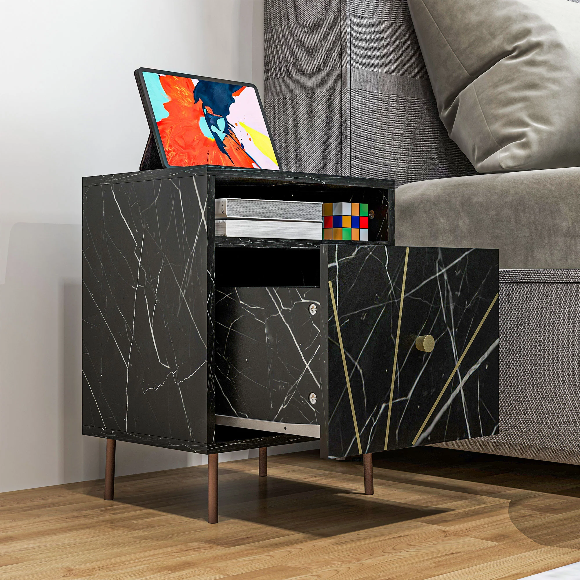 HOMCOM Modern Bedside Table With Drawer And Open Shelf Black Marble Effect - Image 9