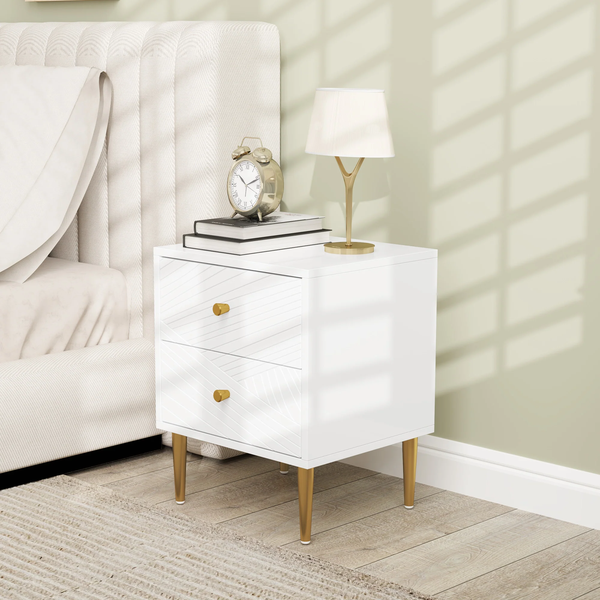 HOMCOM Modern Bedside Table with Drawer, Side Table with Metal Legs, White - Image 2