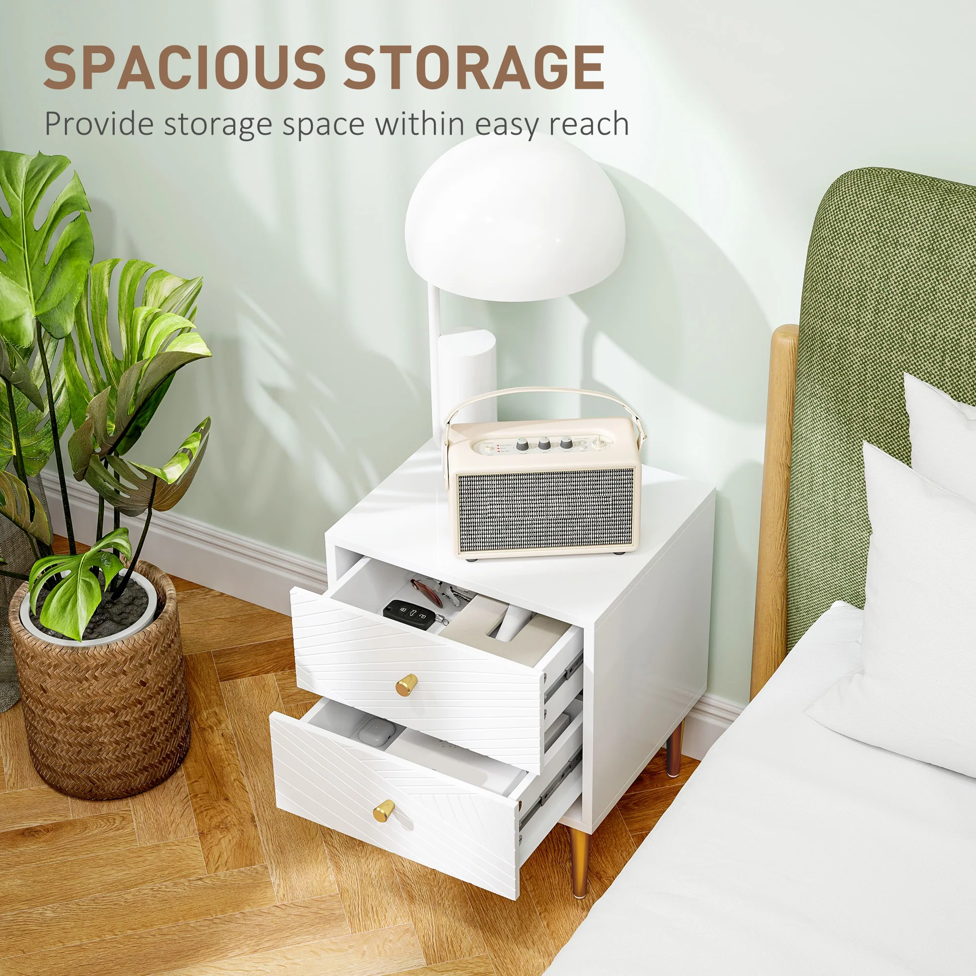 HOMCOM Modern Bedside Table with Drawer, Side Table with Metal Legs, White - Image 4