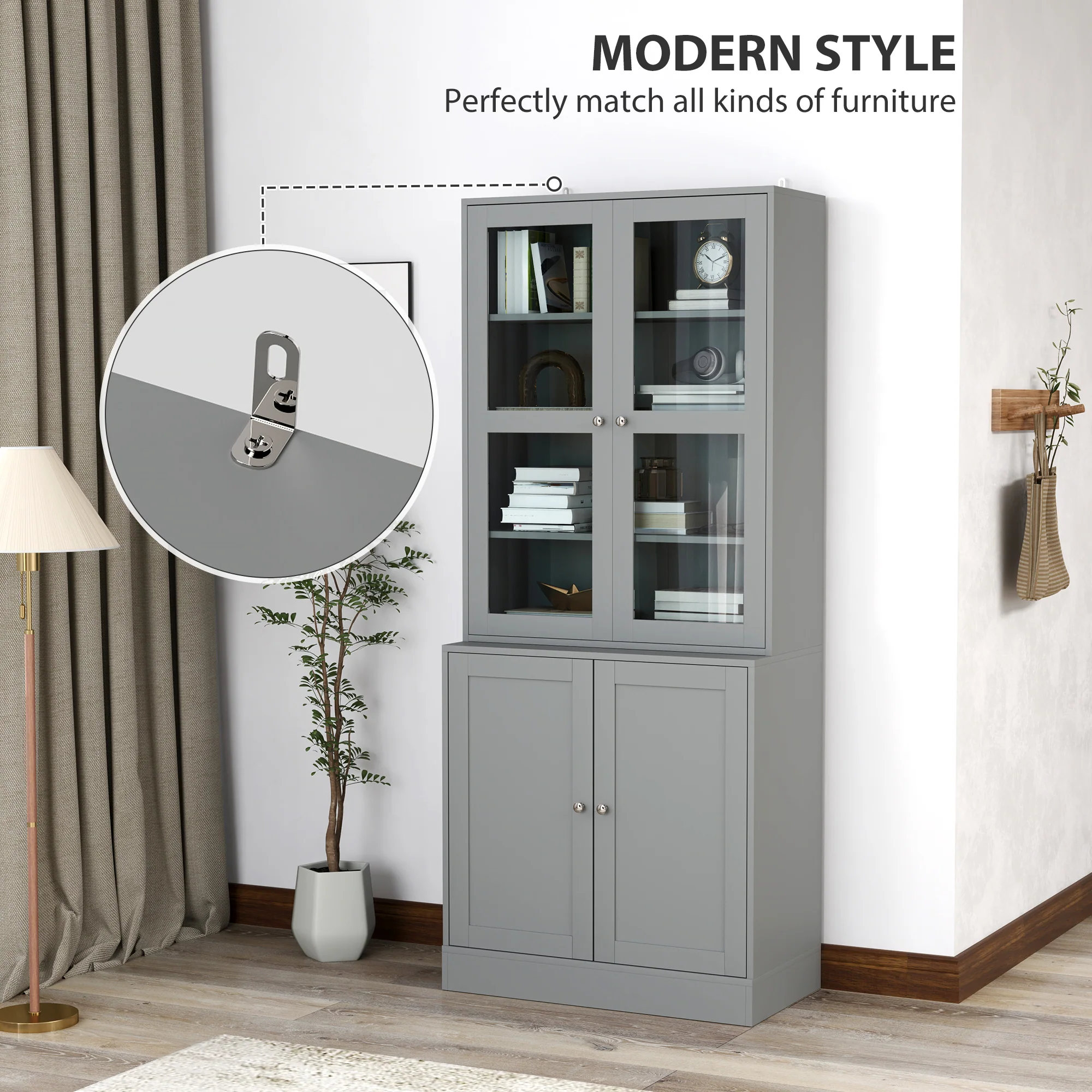 HOMCOM Modern Bookcase Display Storage Cabinet w/ Doors Adjustable Shelves - Image 3