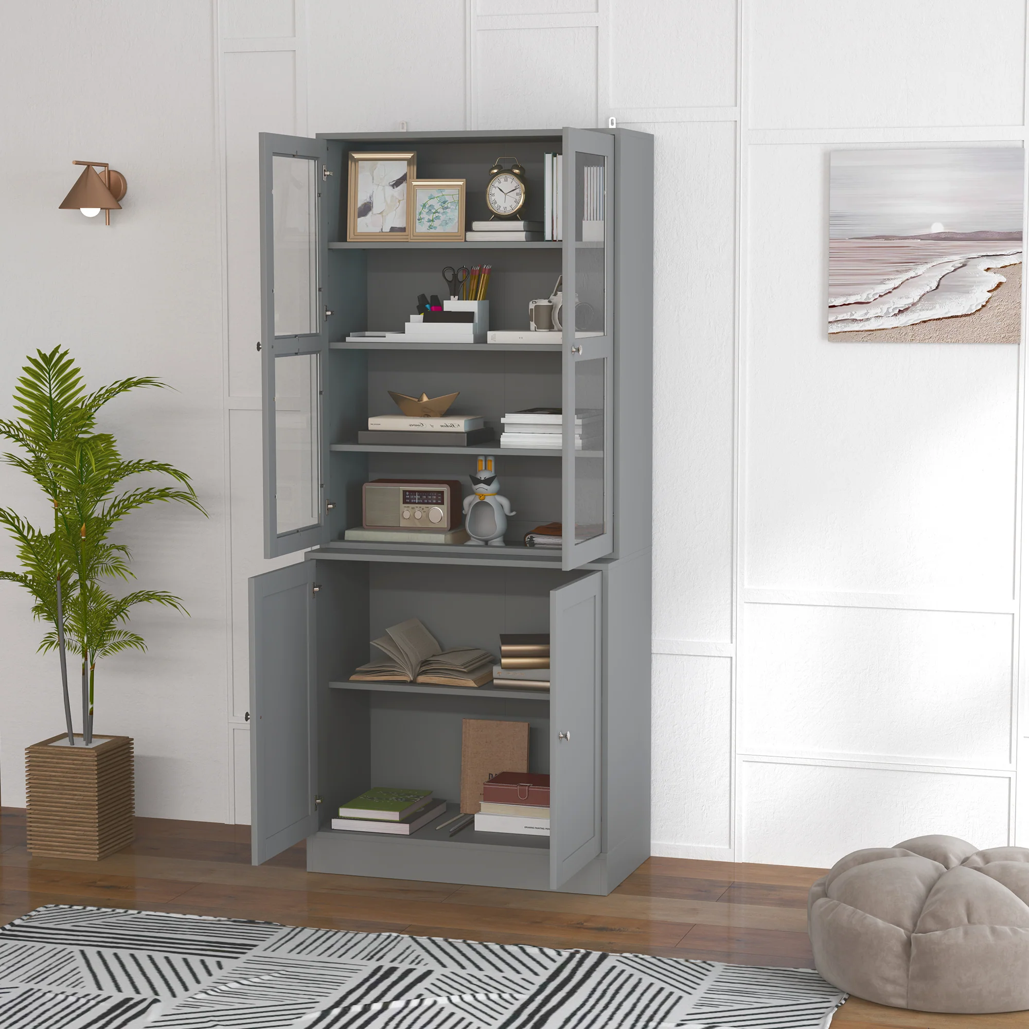 HOMCOM Modern Bookcase Display Storage Cabinet w/ Doors Adjustable Shelves - Image 7