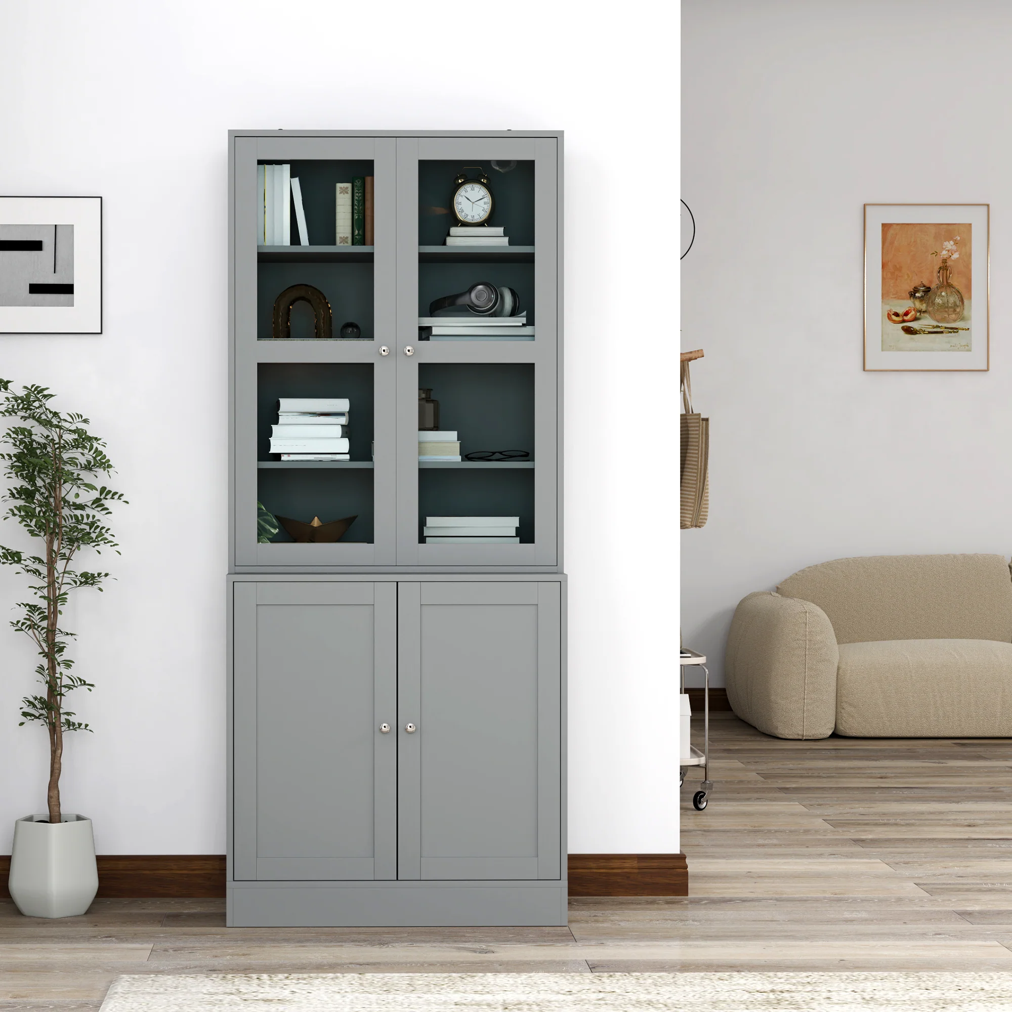 HOMCOM Modern Bookcase Display Storage Cabinet w/ Doors Adjustable Shelves - Image 8