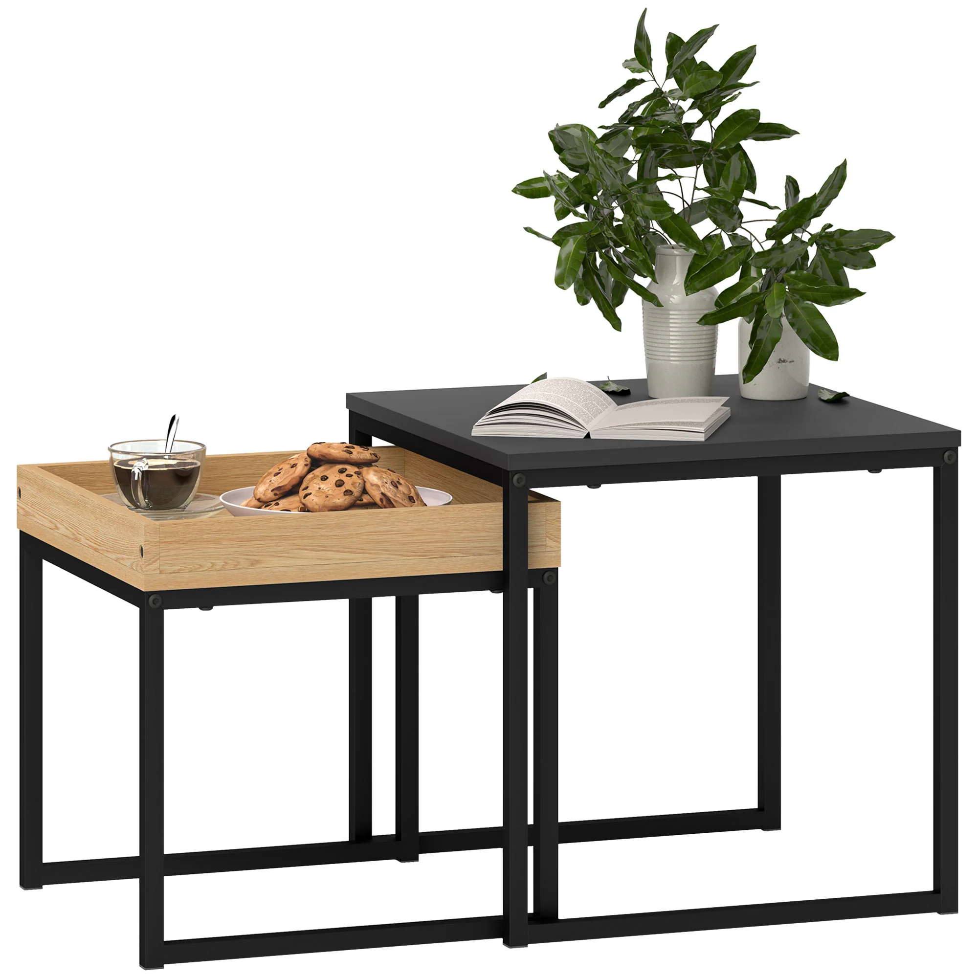 HOMCOM Modern Coffee Table Set Square Nest of Tables for Small Space