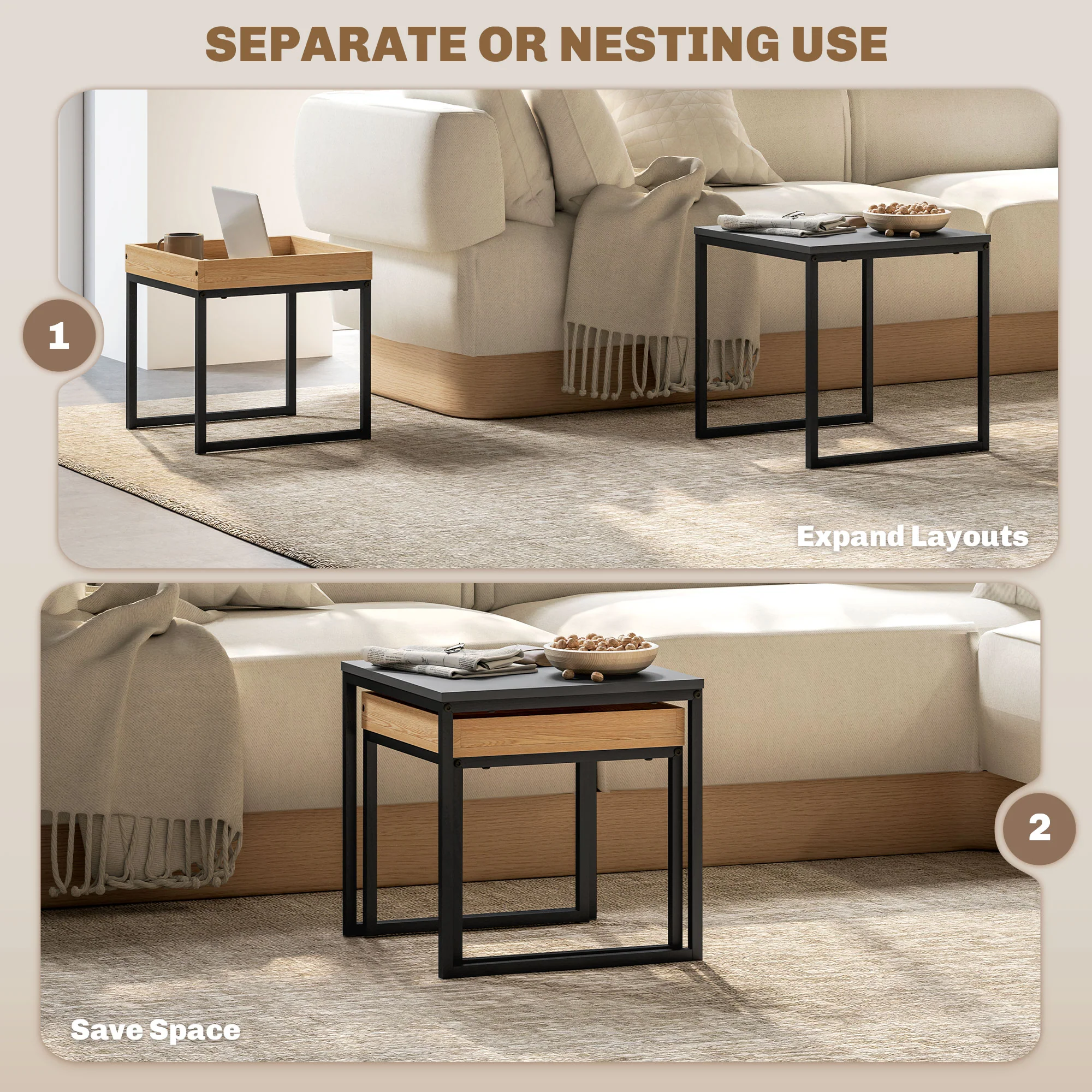 HOMCOM Modern Coffee Table Set Square Nest of Tables for Small Space - Image 3
