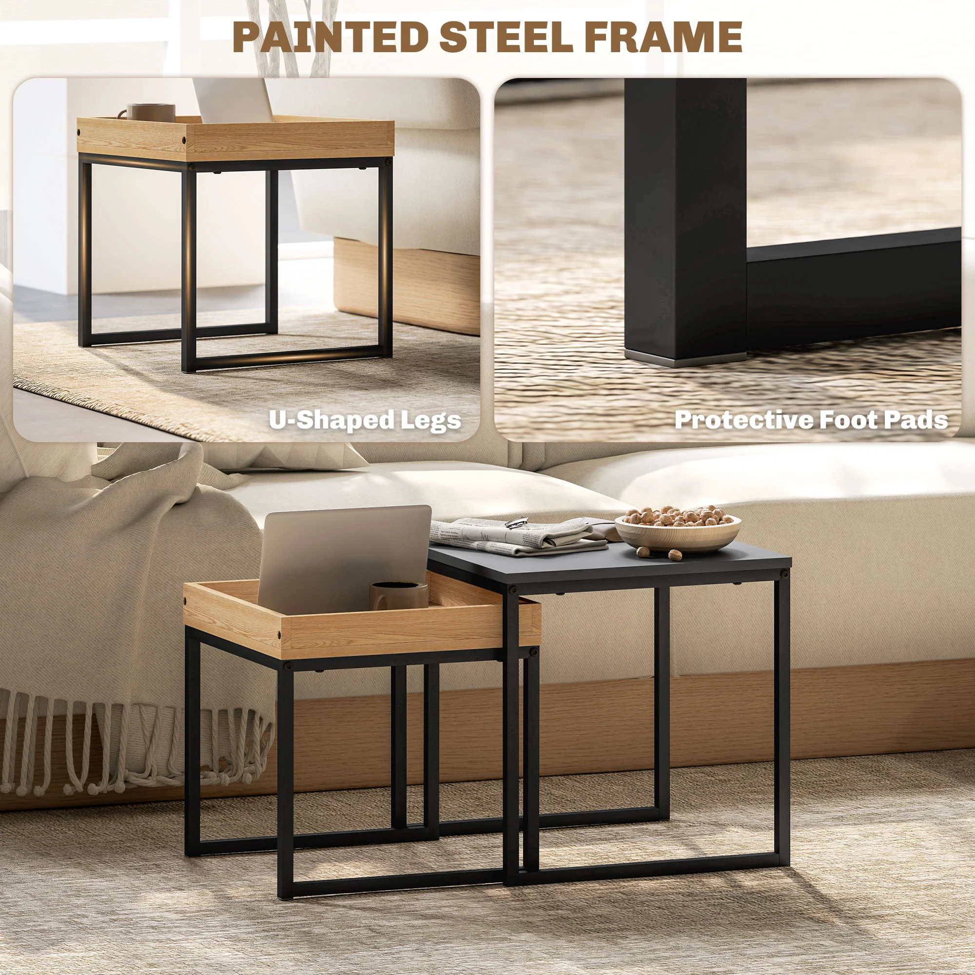 HOMCOM Modern Coffee Table Set Square Nest of Tables for Small Space - Image 4