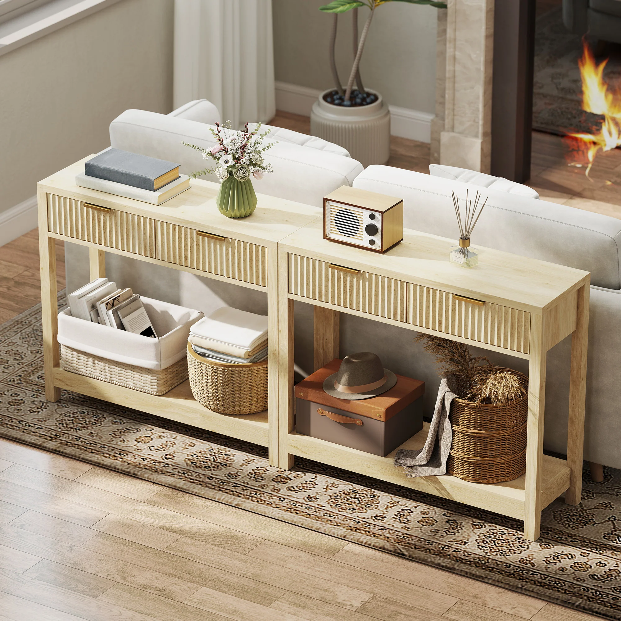 HOMCOM Modern Console Table With Fluted Panel Drawers, Narrow Hallway Table - Image 9