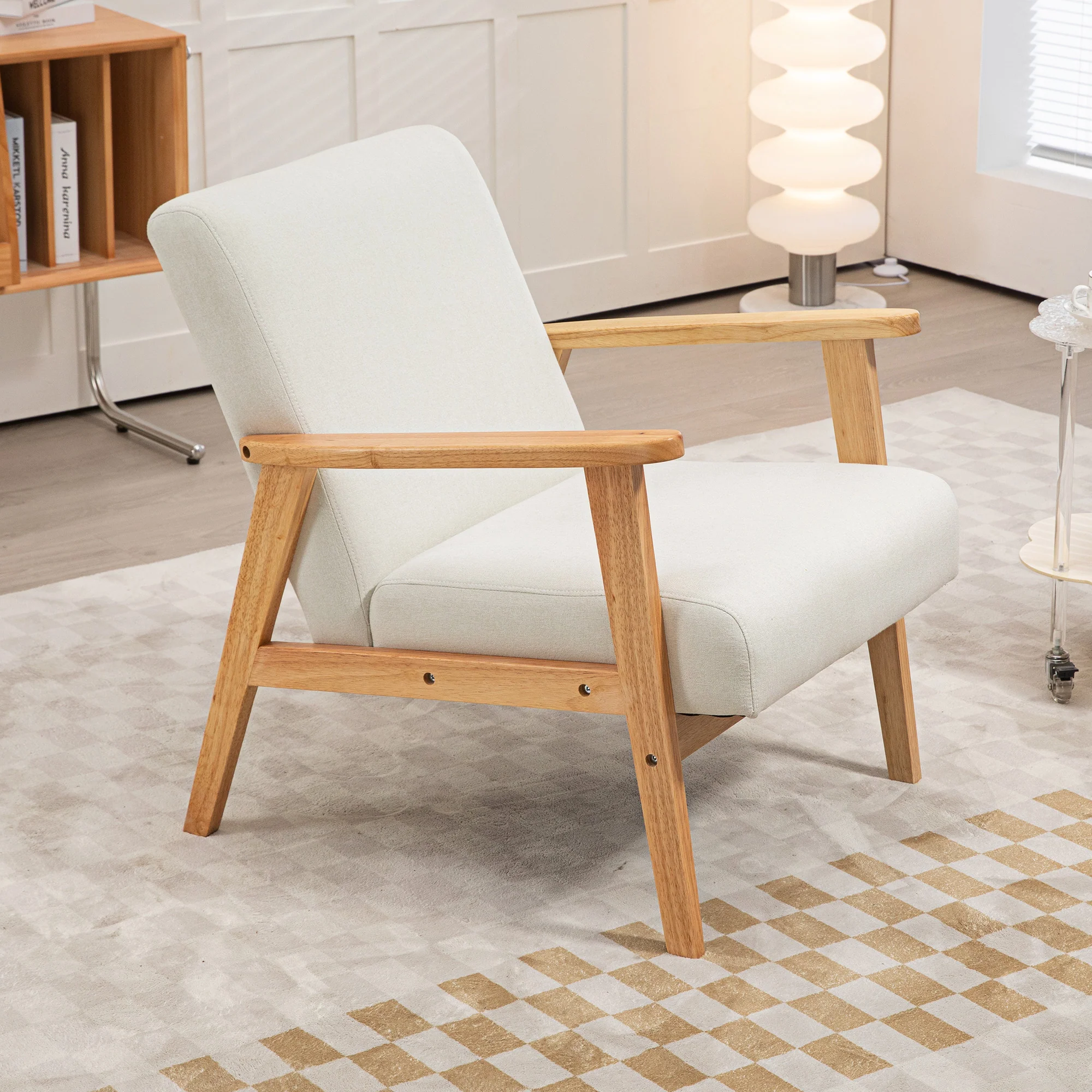 HOMCOM Modern Fabric Accent Chair W/ Rubber Wood Legs Padded Cushion Cream - Image 7