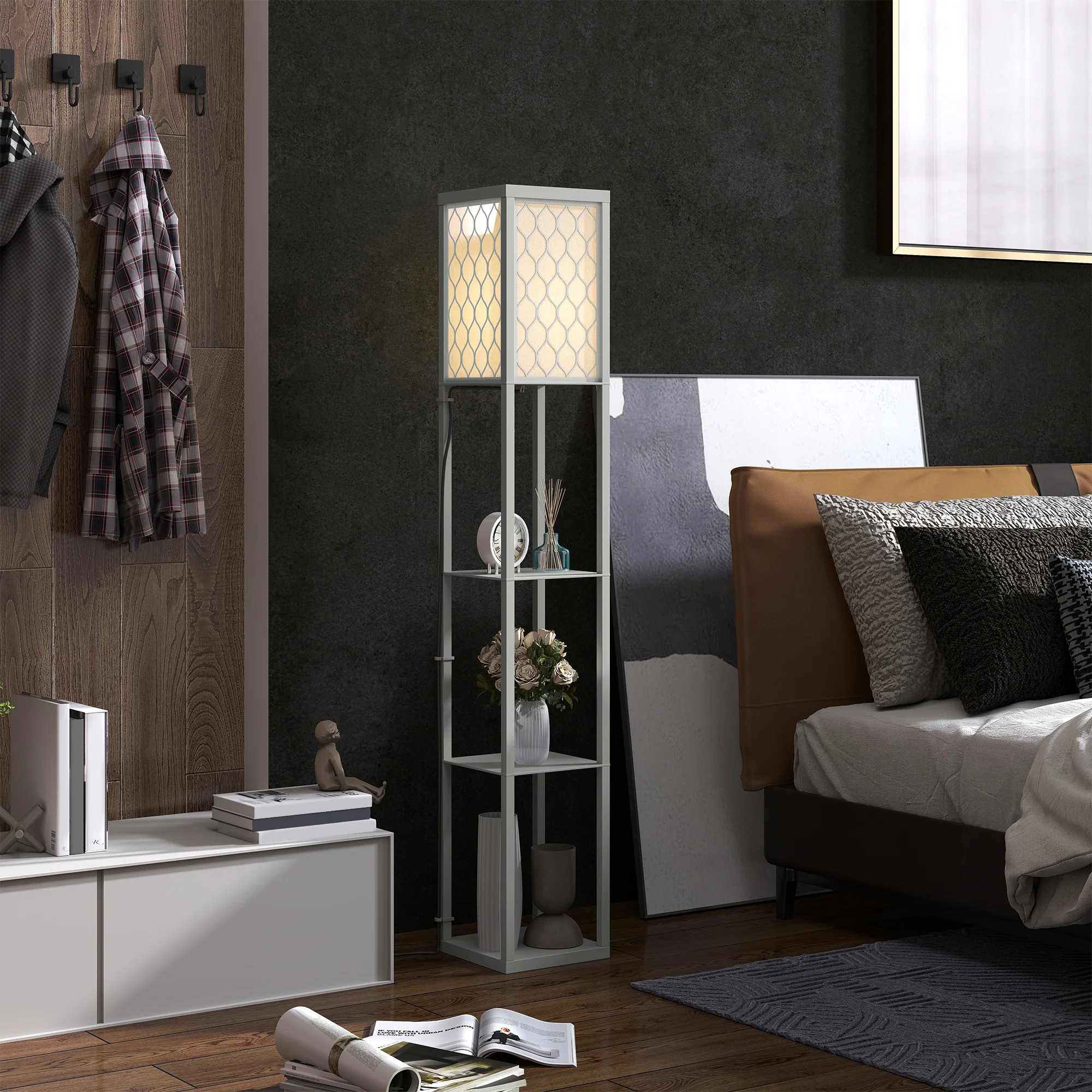 HOMCOM Modern Floor Lamp Light With 3 Shelves Fabric Lampshade - Image 20