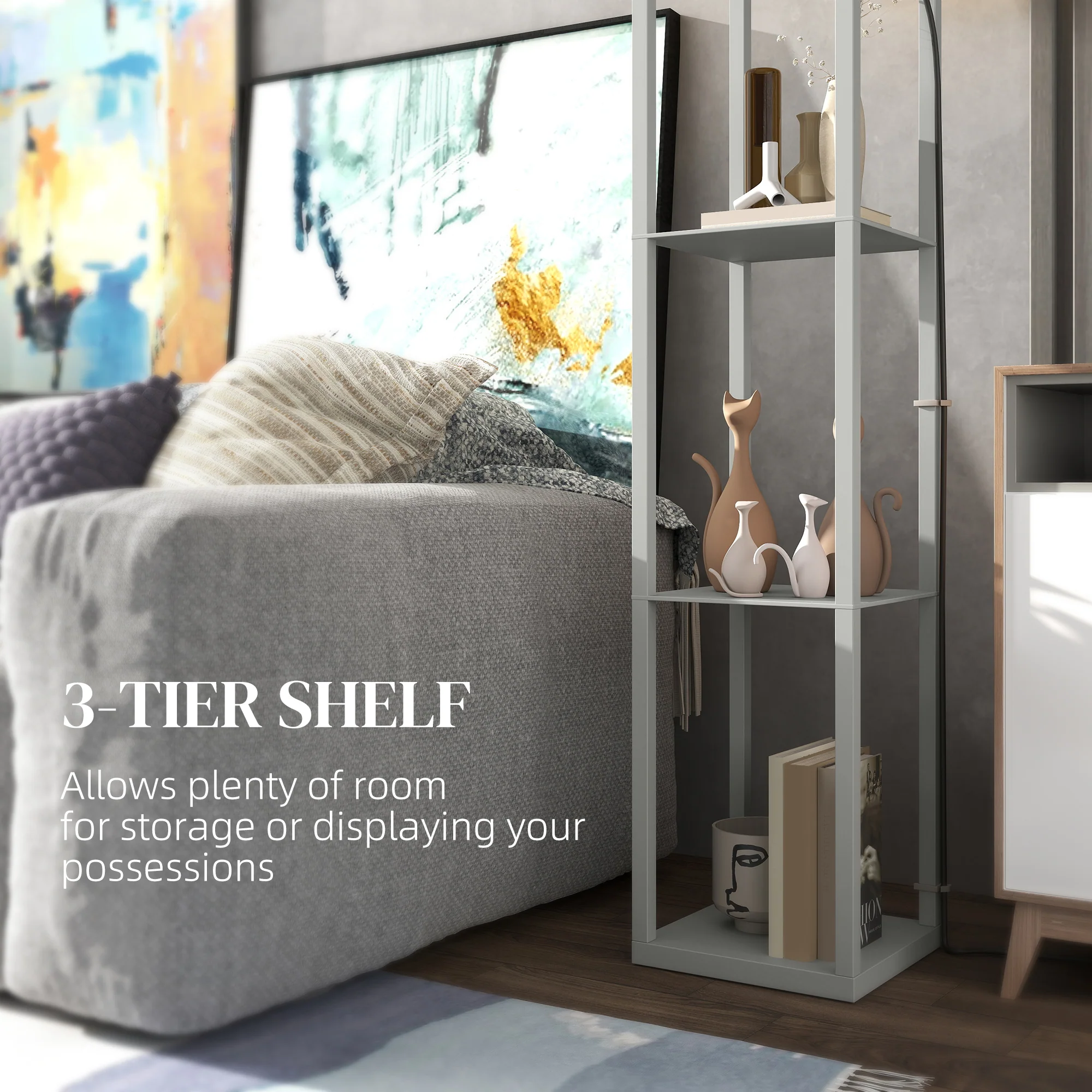 HOMCOM Modern Floor Lamp Light With 3 Shelves Fabric Lampshade - Image 24