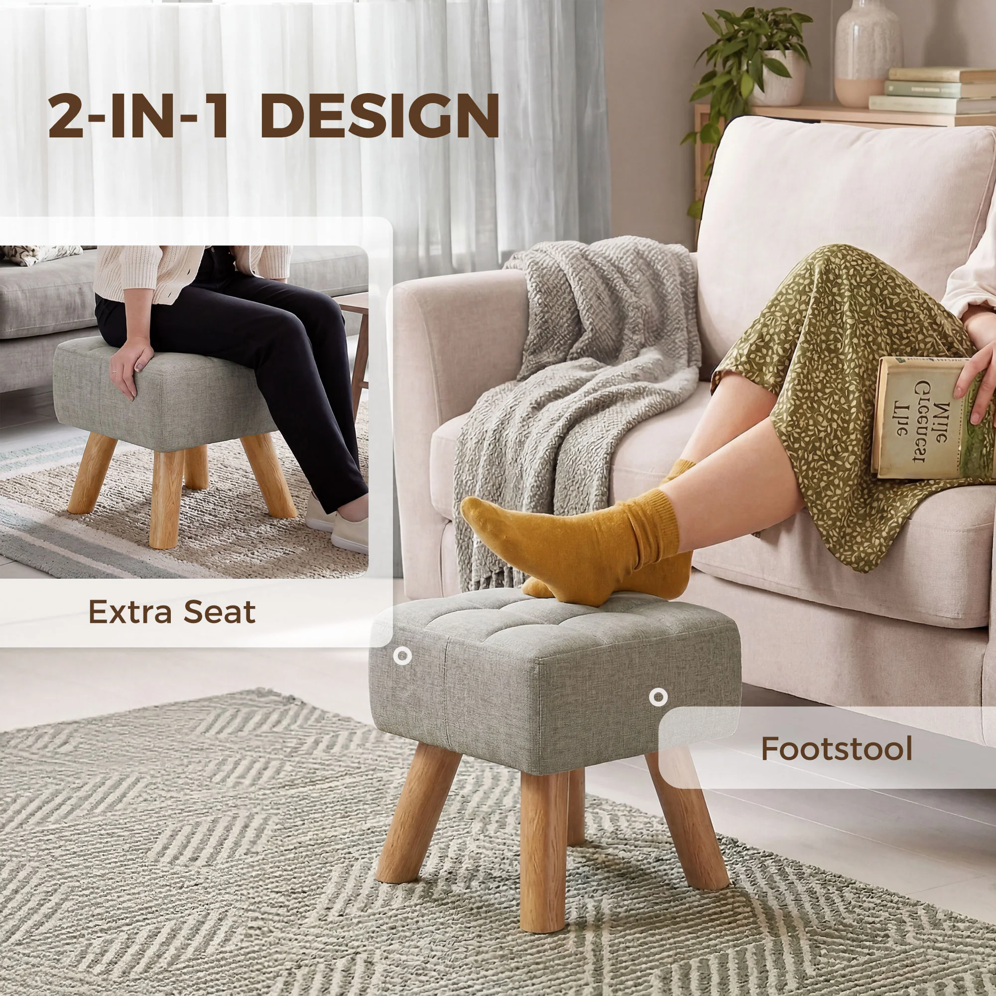 HOMCOM Modern Footstool, Fabric Foot Rest with Rubber Wood Legs, Brown - Image 3