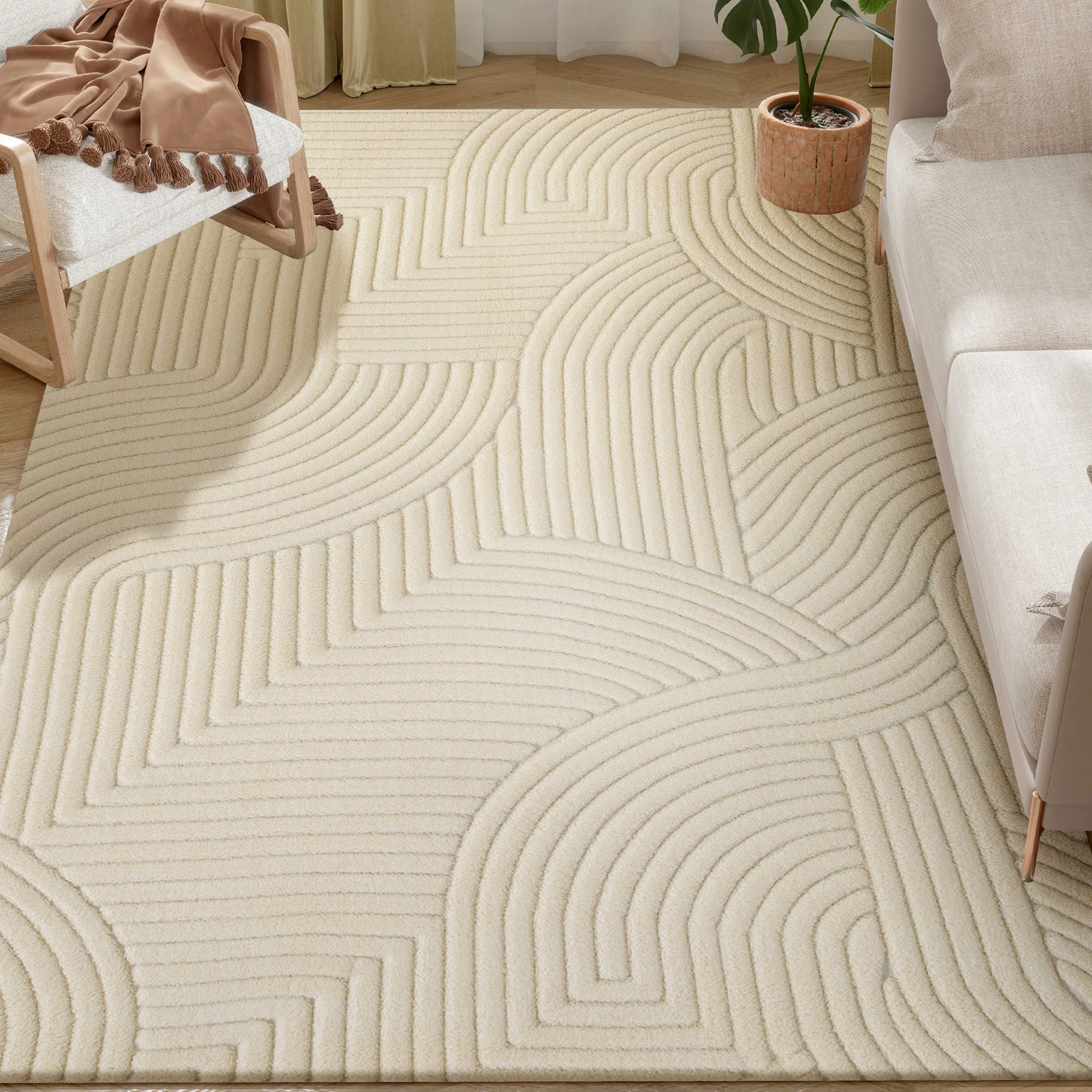 HOMCOM Modern Geometric Rug, Thick Plush, Non-Slip,Cream