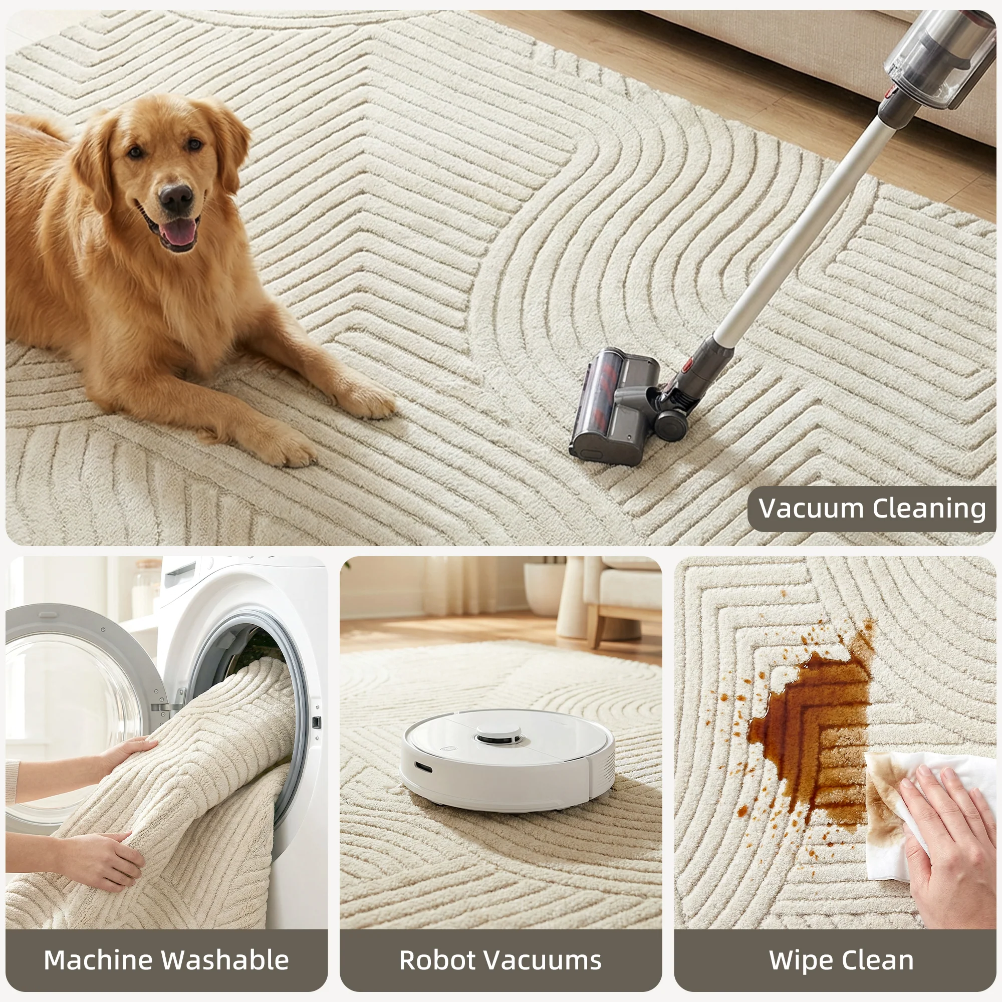 HOMCOM Modern Geometric Rug, Thick Plush, Non-Slip,Cream - Image 12