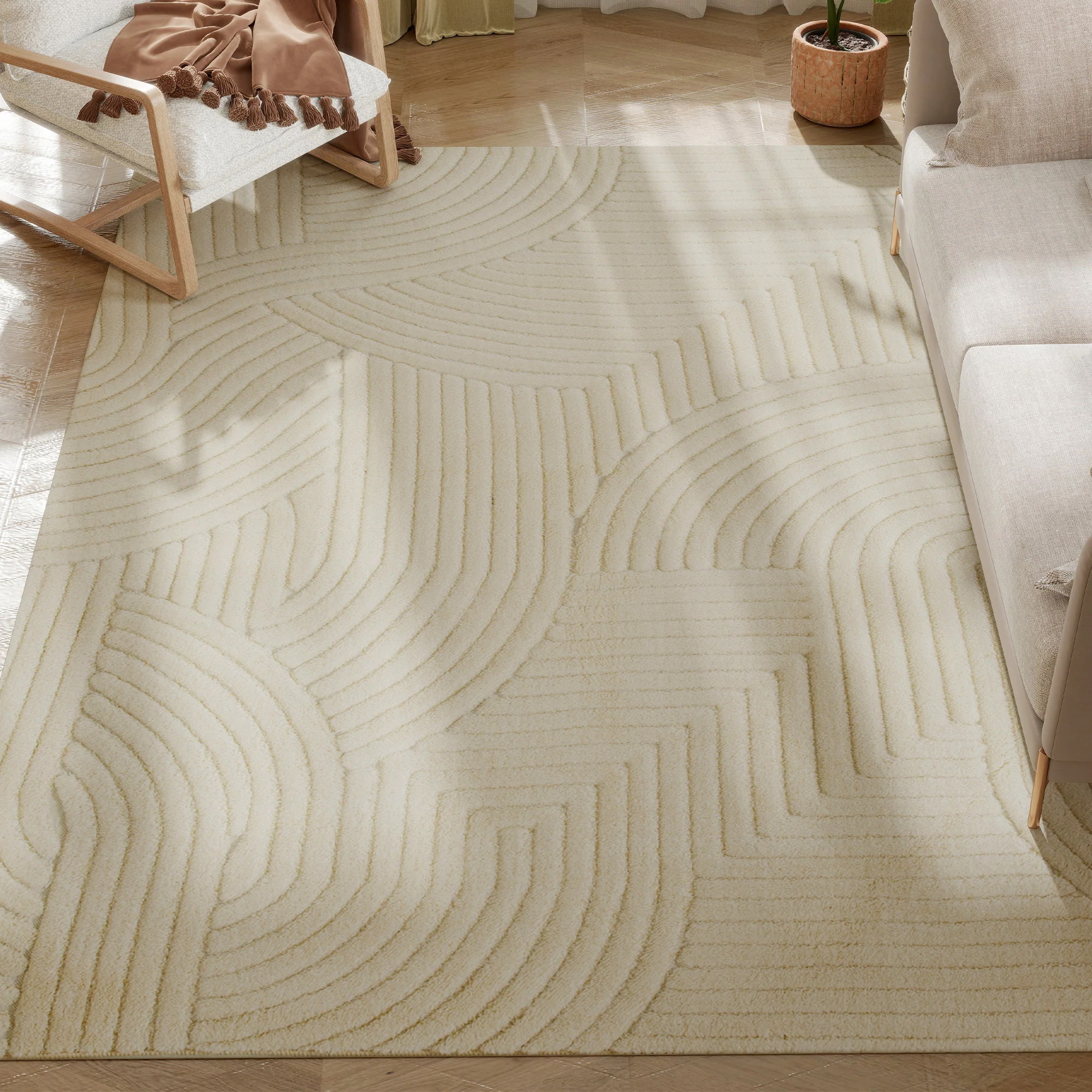 HOMCOM Modern Geometric Rug, Thick Plush, Non-Slip,Cream - Image 19