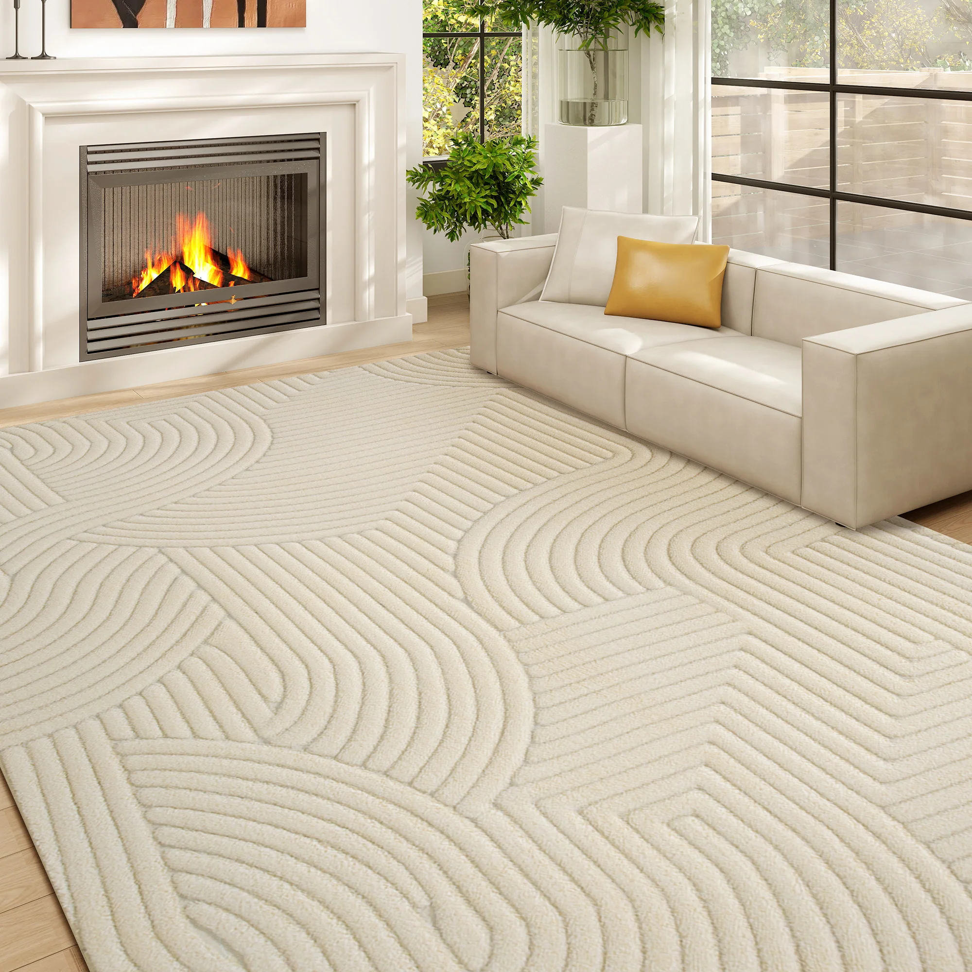 HOMCOM Modern Geometric Rug, Thick Plush, Non-Slip,Cream - Image 2