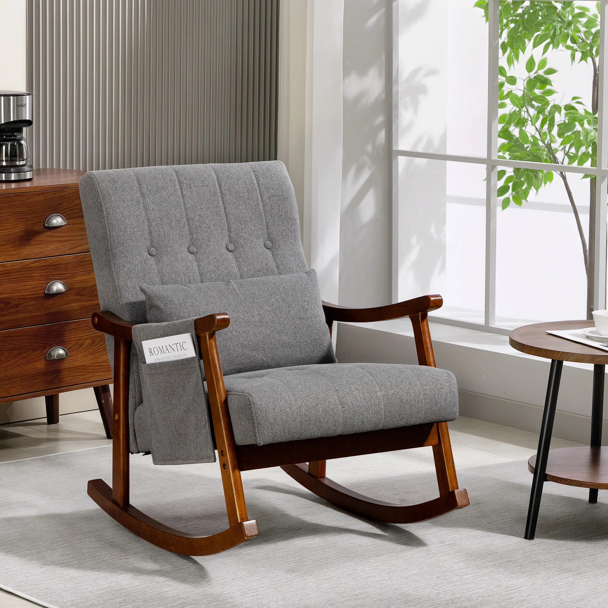 HOMCOM Modern High Back Rocking Chair With Solid Wood Legs, Grey - Image 2