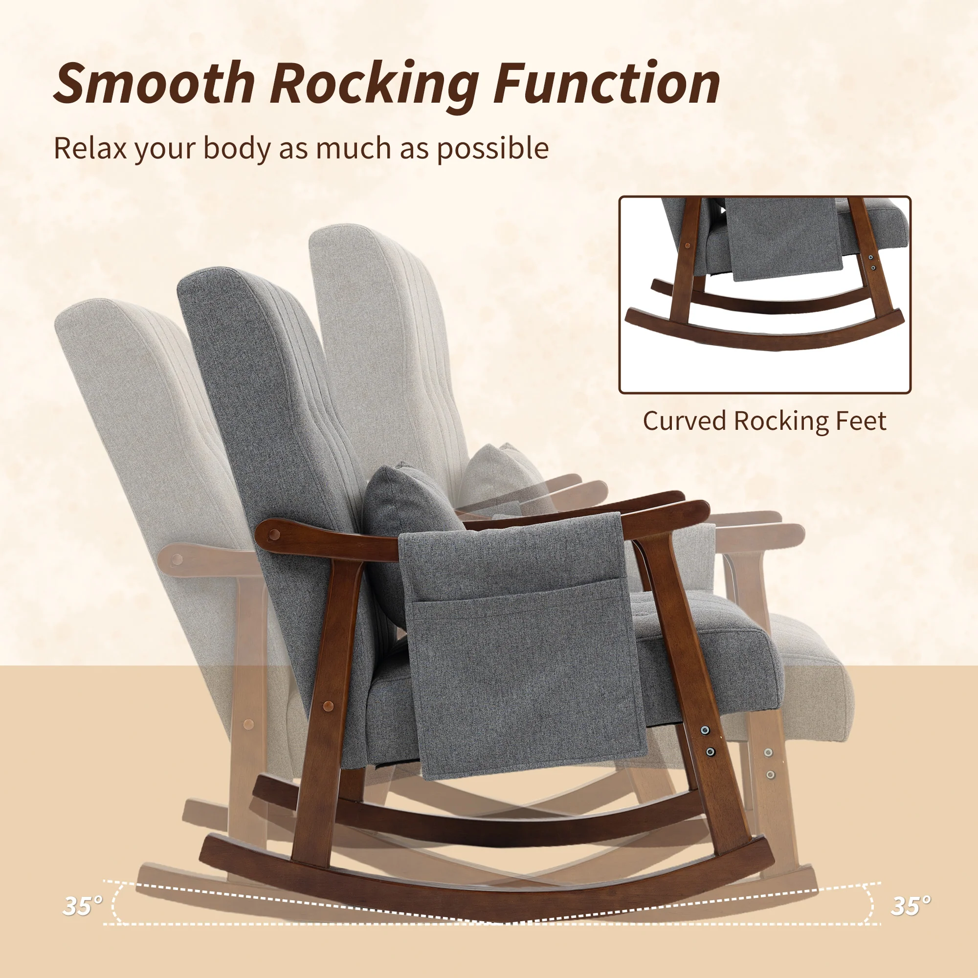 HOMCOM Modern High Back Rocking Chair With Solid Wood Legs, Grey - Image 3