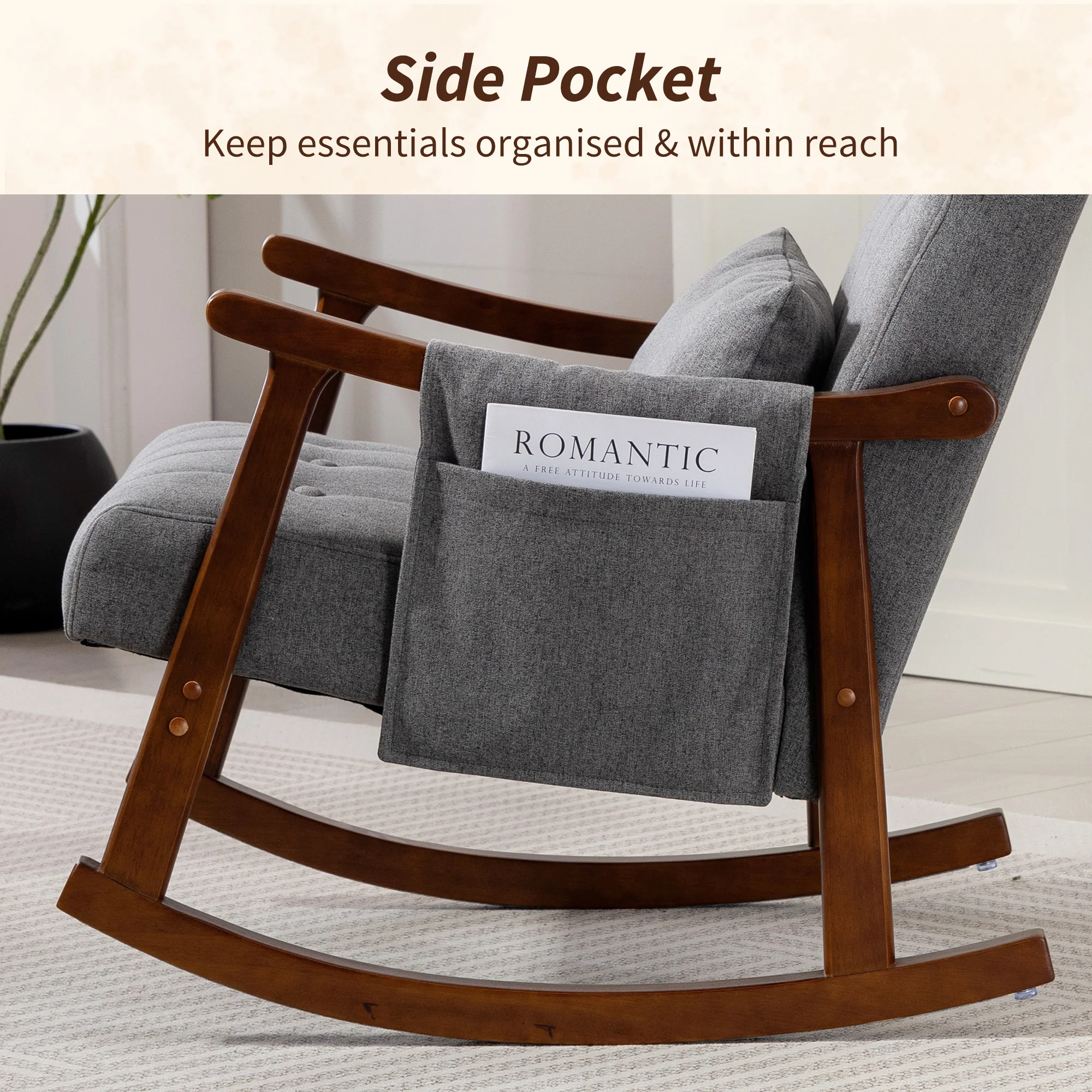 HOMCOM Modern High Back Rocking Chair With Solid Wood Legs, Grey - Image 6