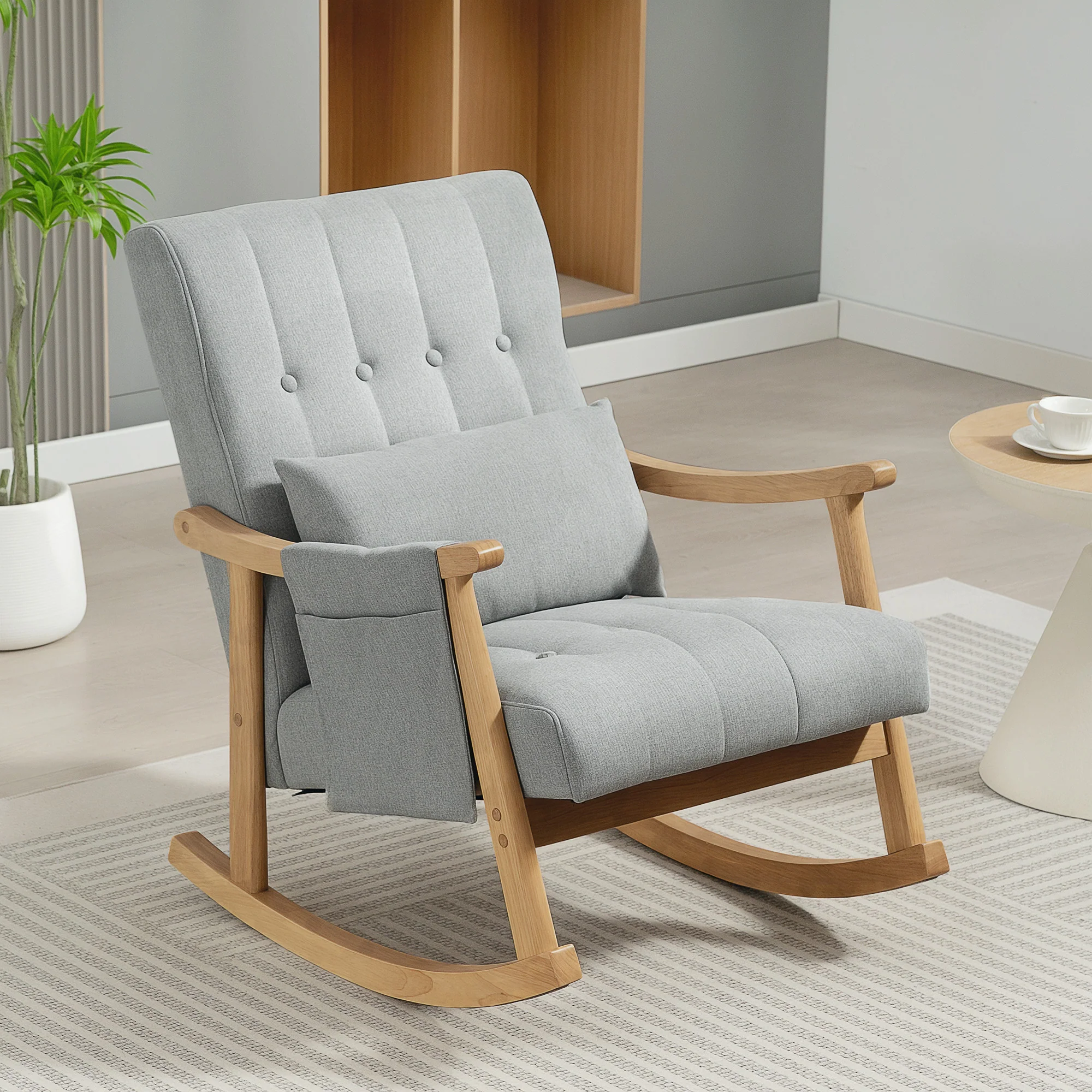 HOMCOM Modern High Back Rocking Chair With Solid Wood Legs, Light Grey - Image 2