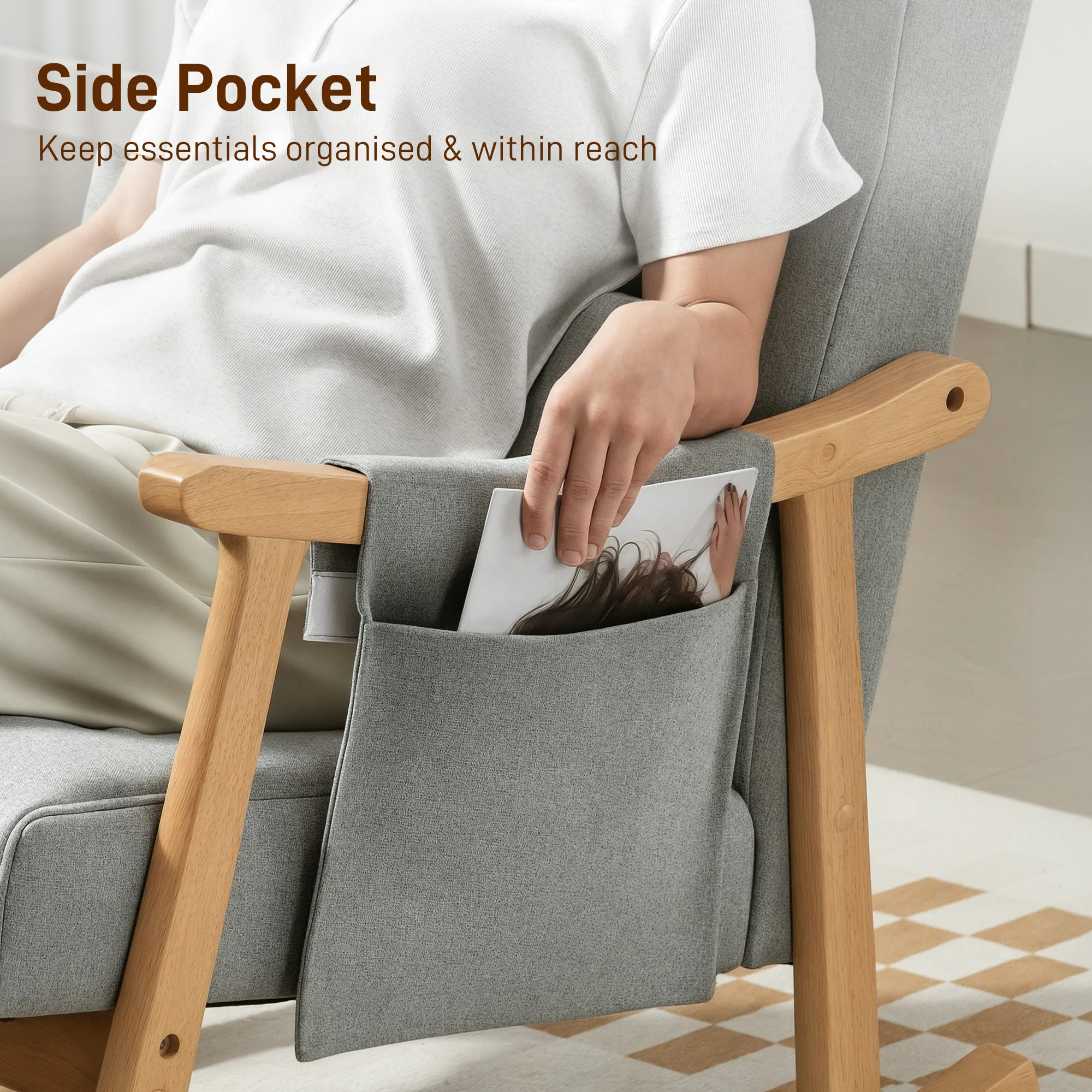 HOMCOM Modern High Back Rocking Chair With Solid Wood Legs, Light Grey - Image 6