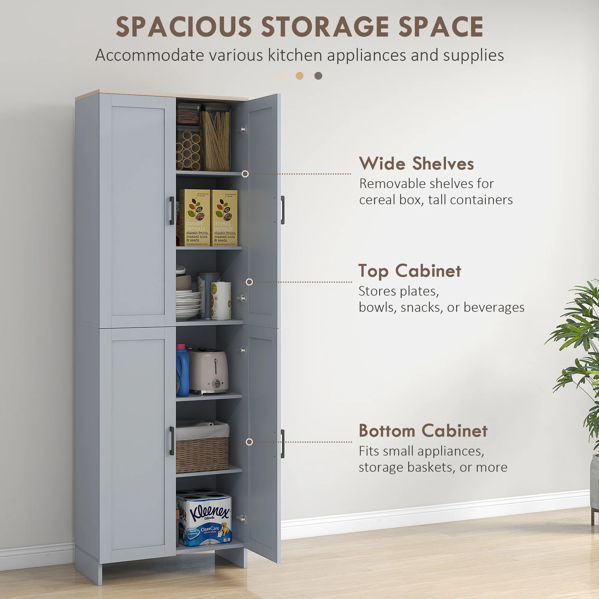 HOMCOM Modern Kitchen Cupboard Storage Cabinet with 6 Shelves, Grey - Image 3