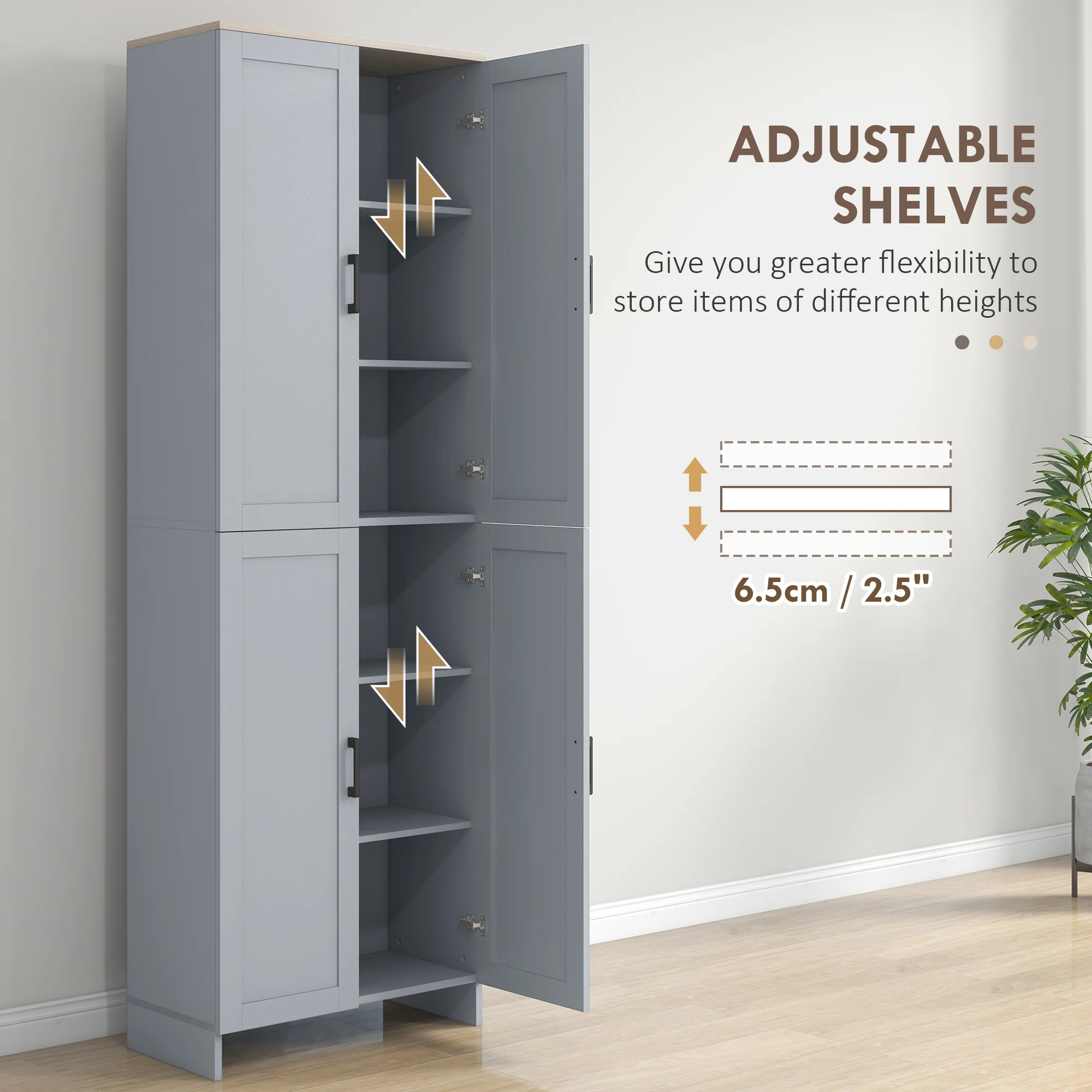 HOMCOM Modern Kitchen Cupboard Storage Cabinet with 6 Shelves, Grey - Image 4