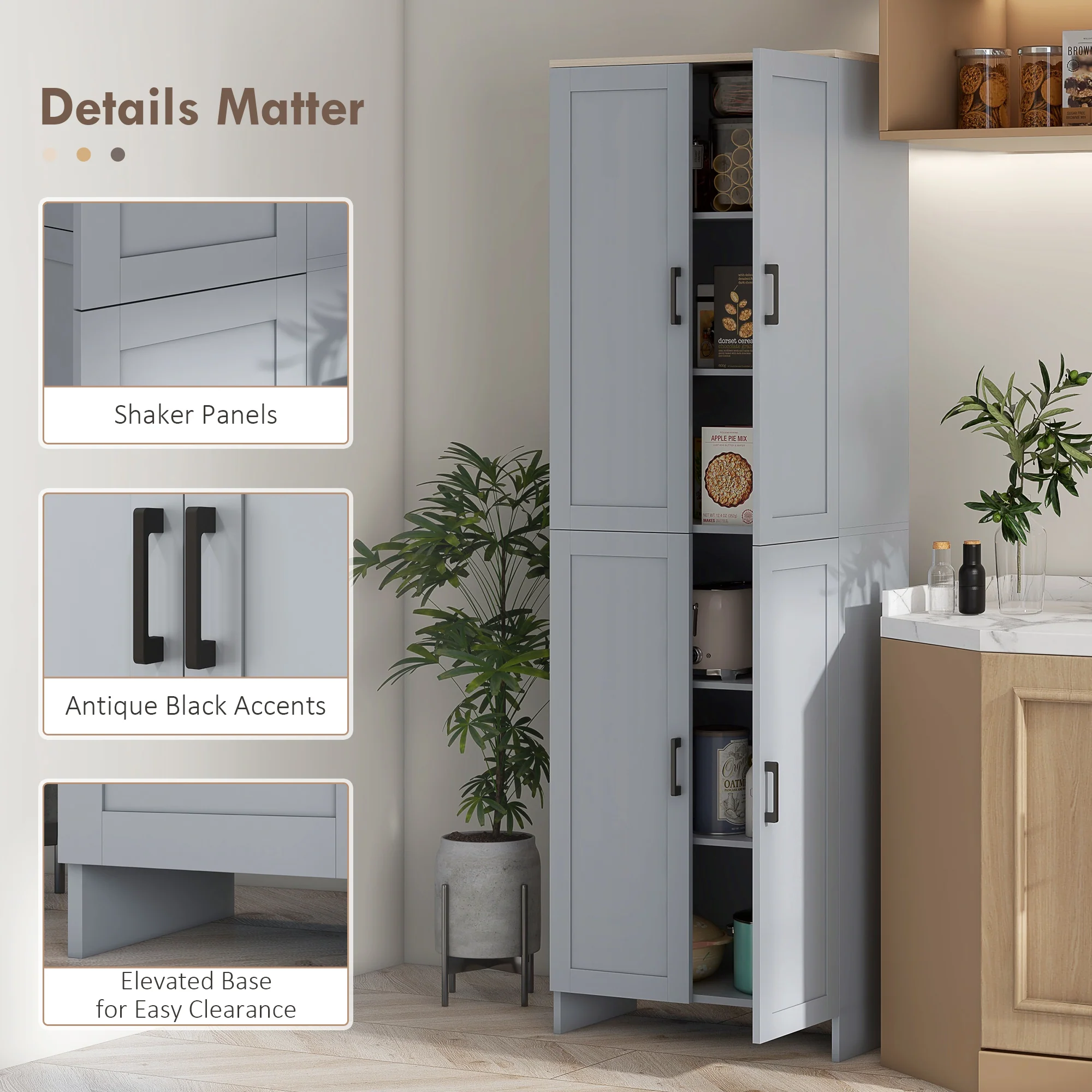 HOMCOM Modern Kitchen Cupboard Storage Cabinet with 6 Shelves, Grey - Image 7