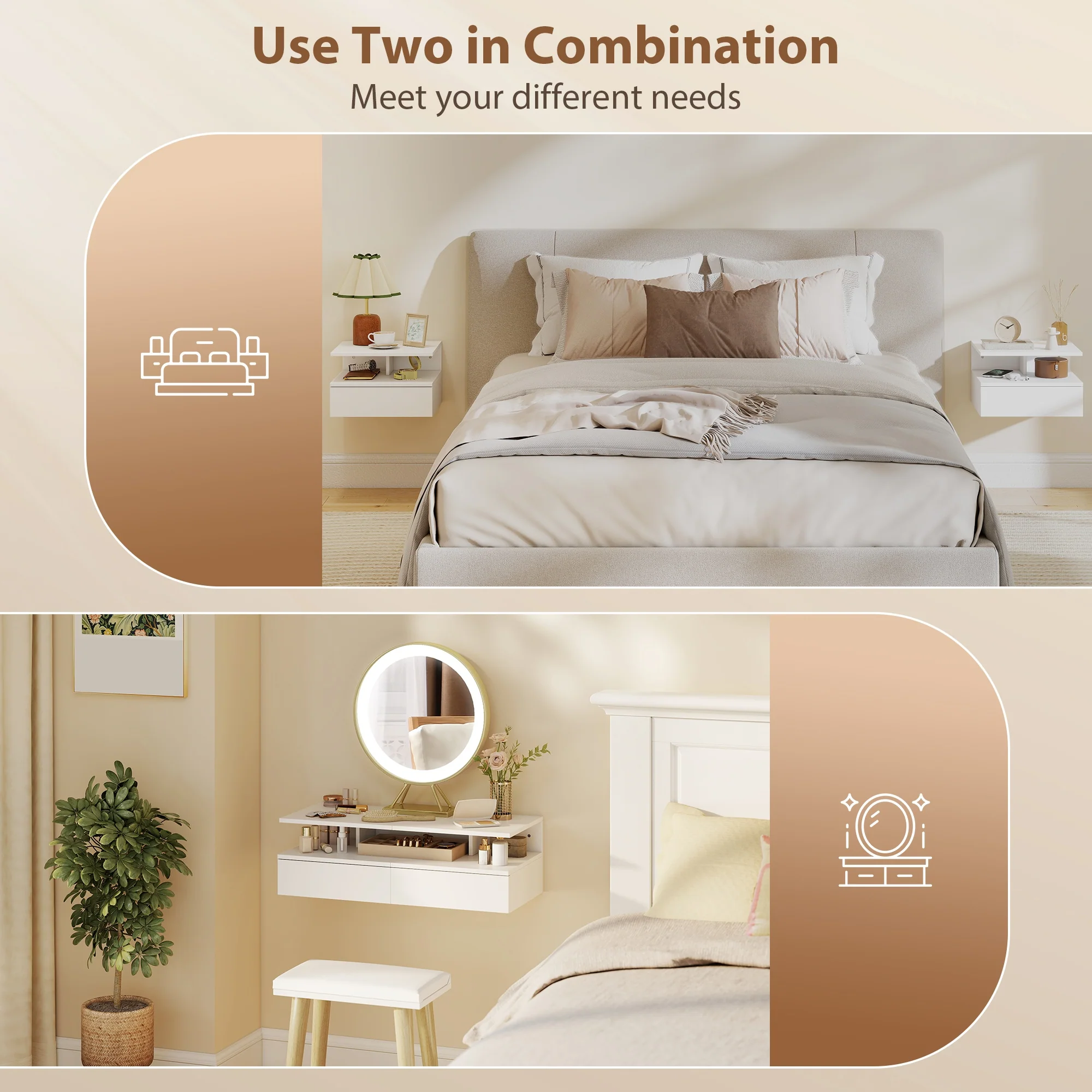 HOMCOM Modern Nightstand Set of 2, Wall Mounted Bedside Cabinet, White - Image 6