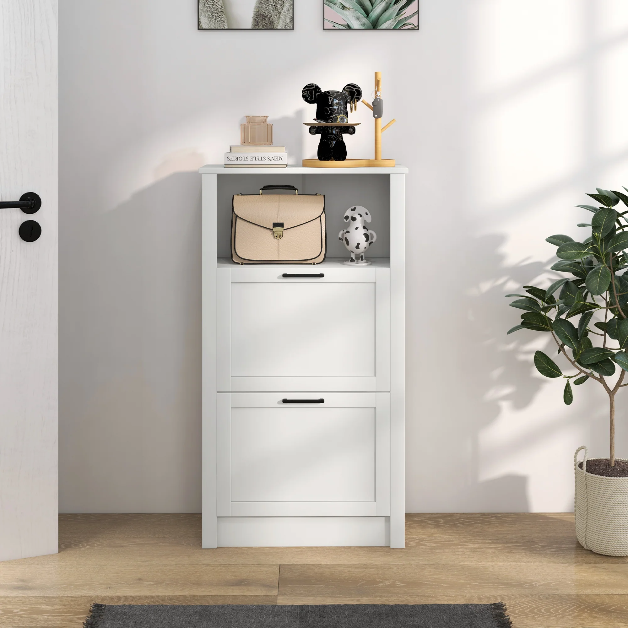 HOMCOM Modern Shoe Cabinet with 2 Flip Drawers and Adjustable Shelves, White - Image 8