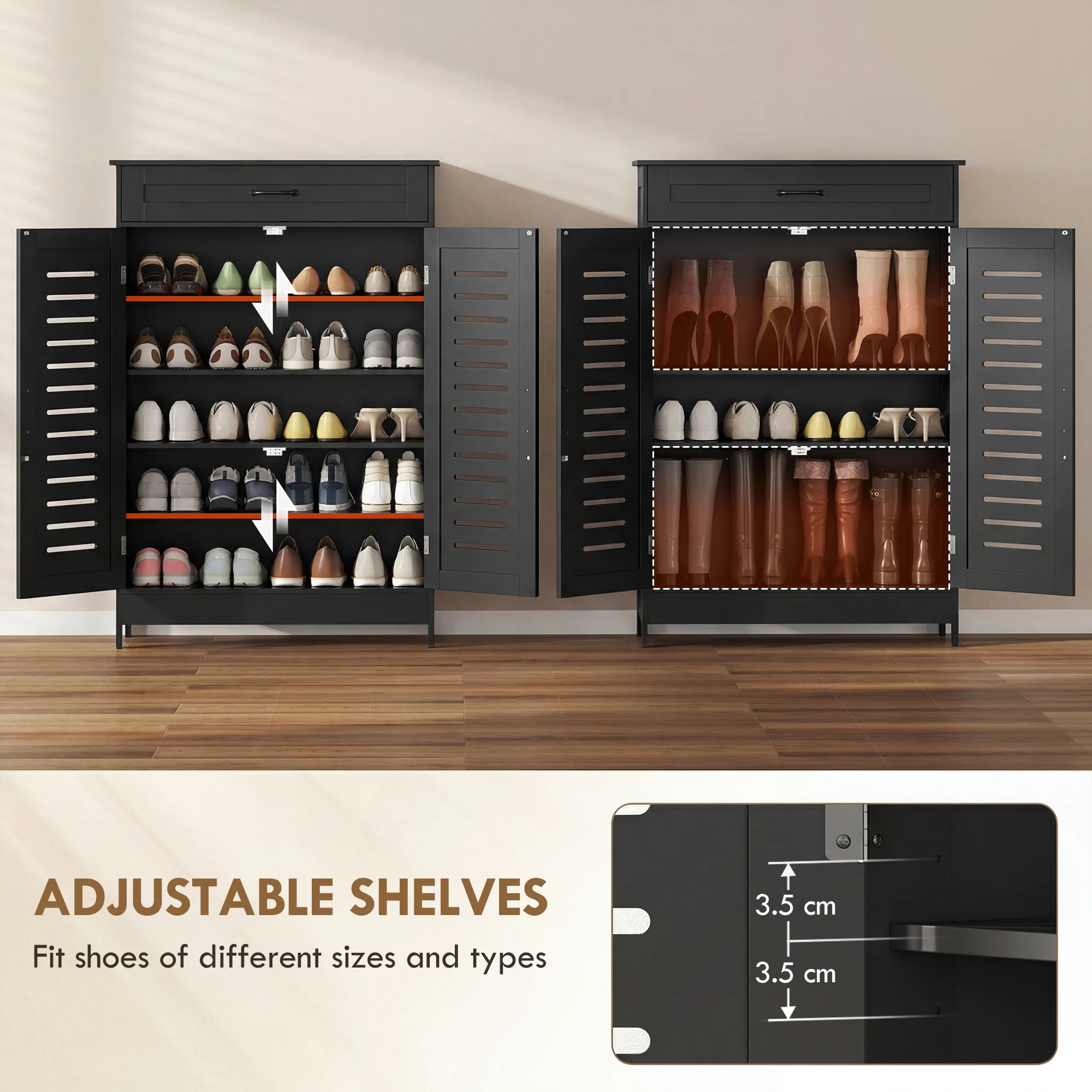 HOMCOM Modern Shoe Storage Cabinet with Louvered Doors and Drawer, Black - Image 4