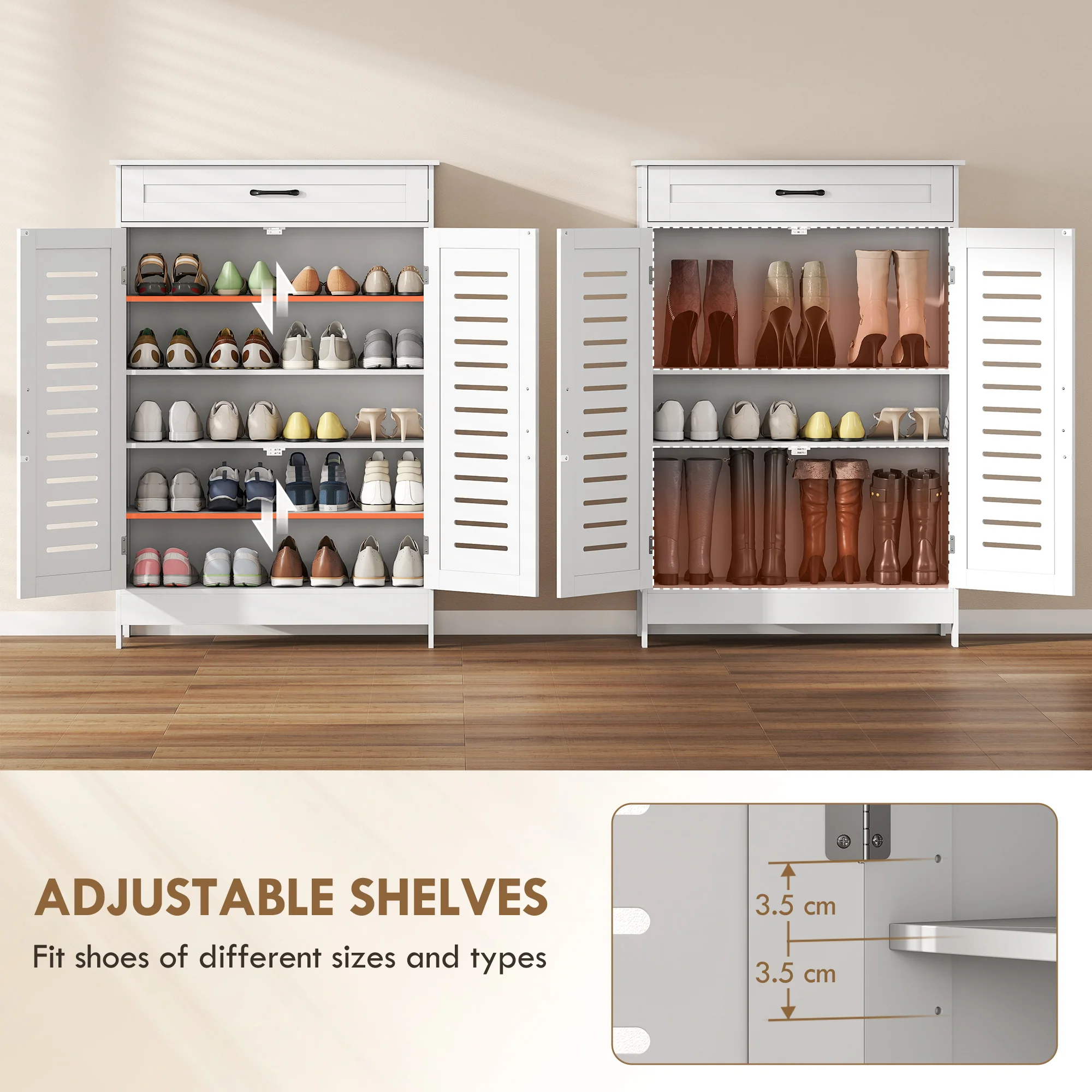 HOMCOM Modern Shoe Storage Cabinet with Louvered Doors and Drawer, White - Image 4