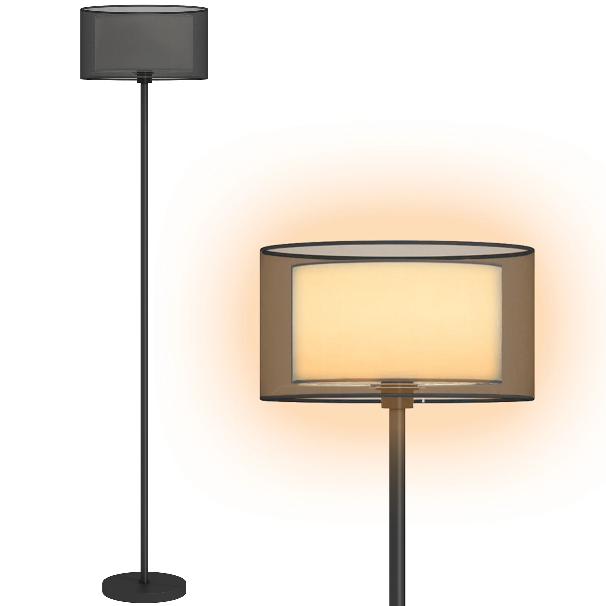 HOMCOM Modern Standing Lamp With Double Layer Shade & Foot Switch, Black
