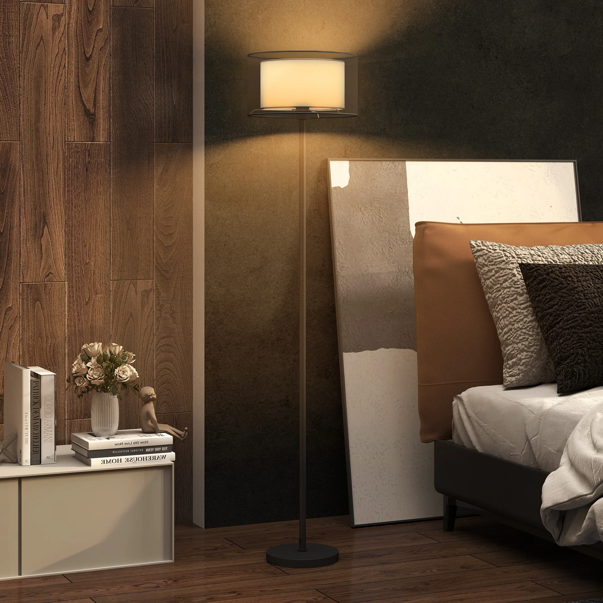 HOMCOM Modern Standing Lamp With Double Layer Shade & Foot Switch, Black - Image 2
