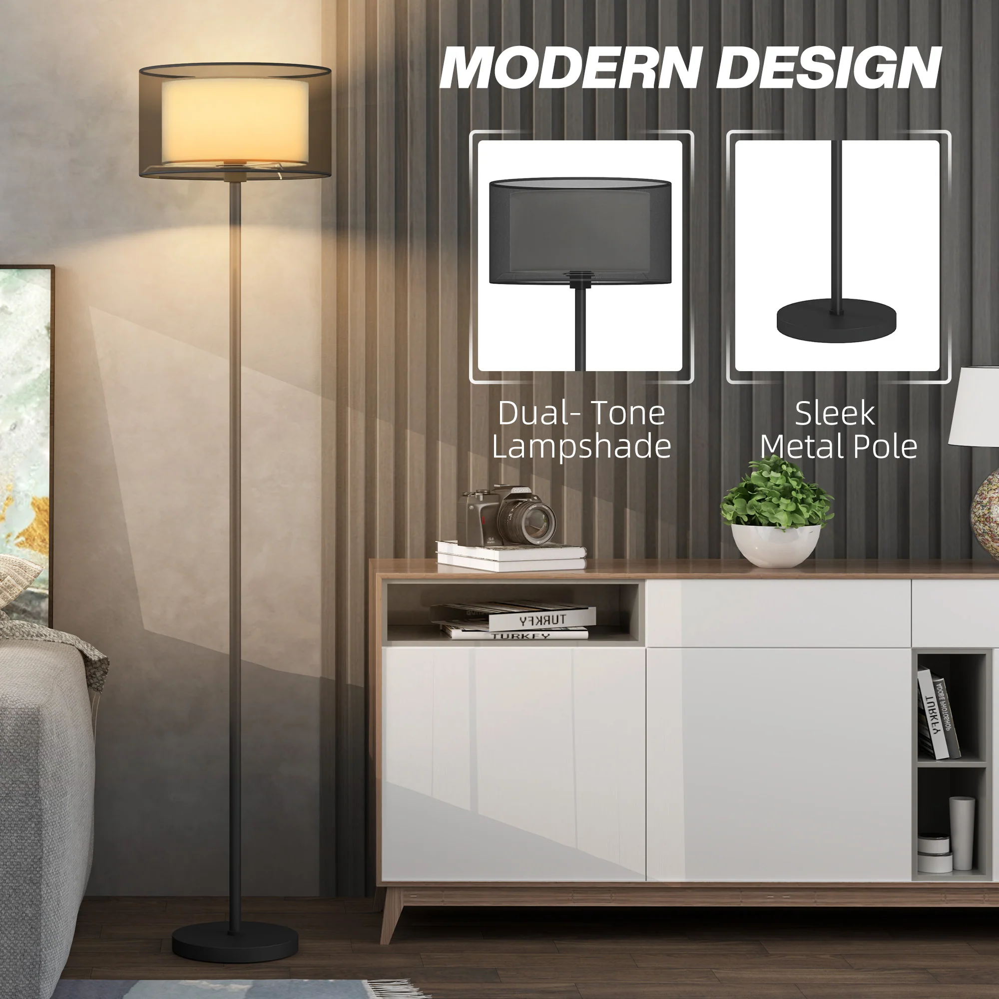 HOMCOM Modern Standing Lamp With Double Layer Shade & Foot Switch, Black - Image 3