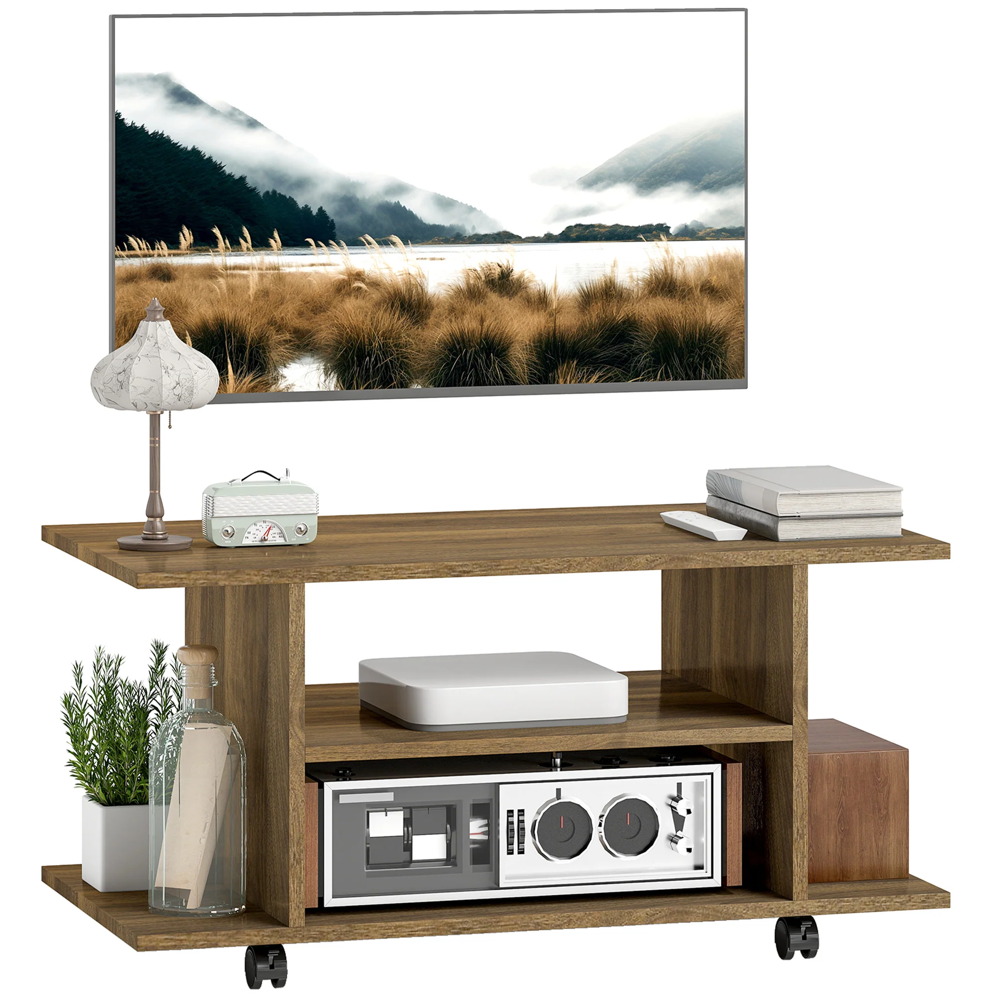 HOMCOM Modern TV Cabinet Stand Storage Shelves Table Mobile Walnut