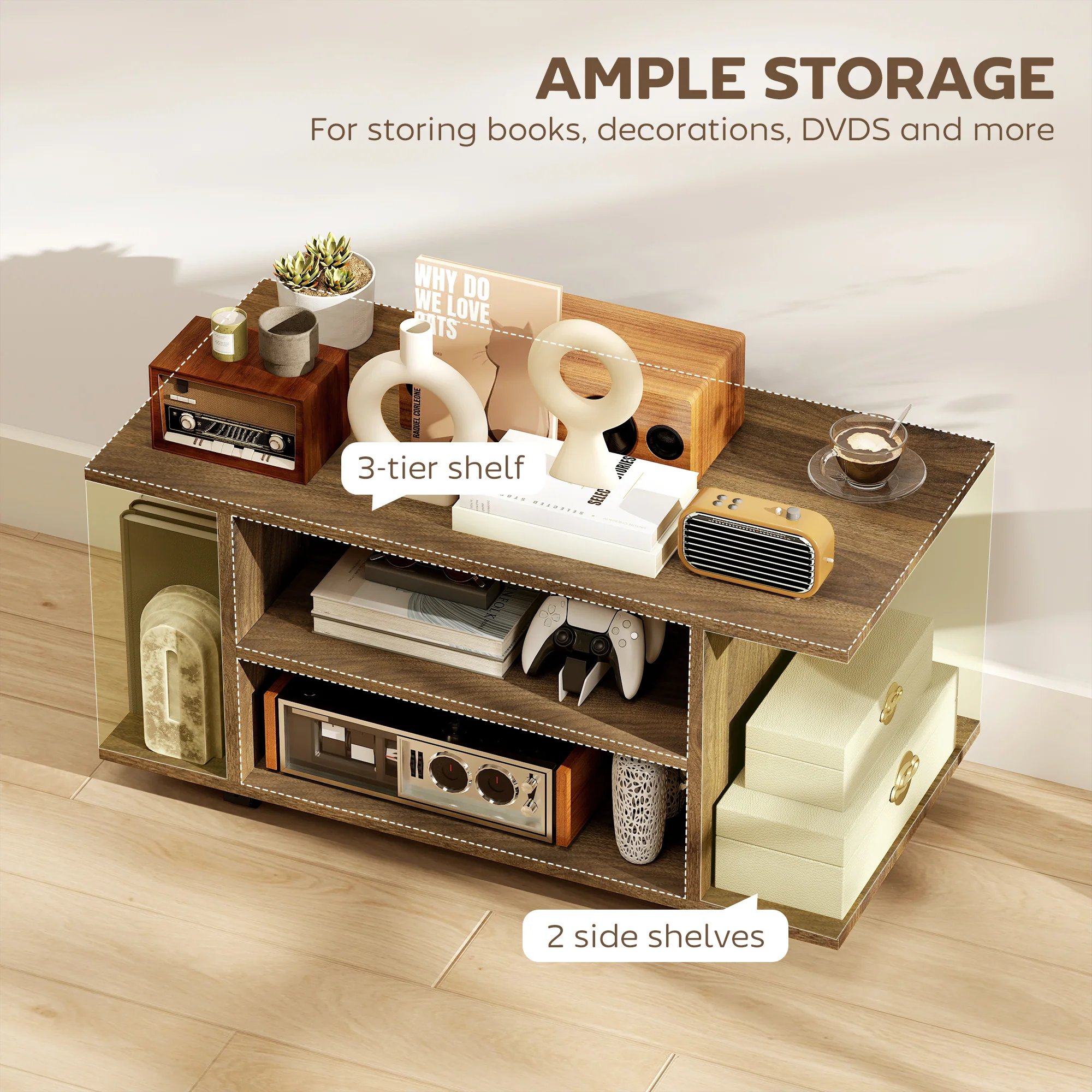 HOMCOM Modern TV Cabinet Stand Storage Shelves Table Mobile Walnut - Image 3