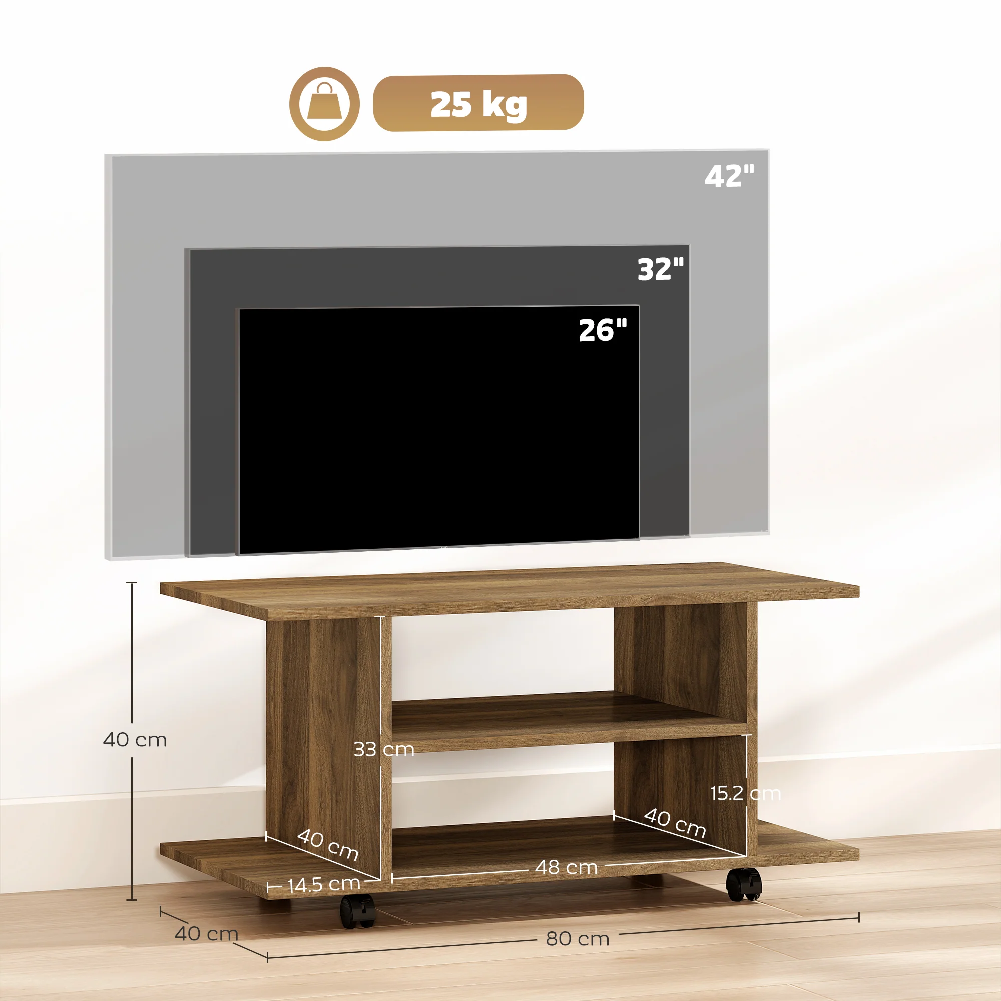 HOMCOM Modern TV Cabinet Stand Storage Shelves Table Mobile Walnut - Image 5