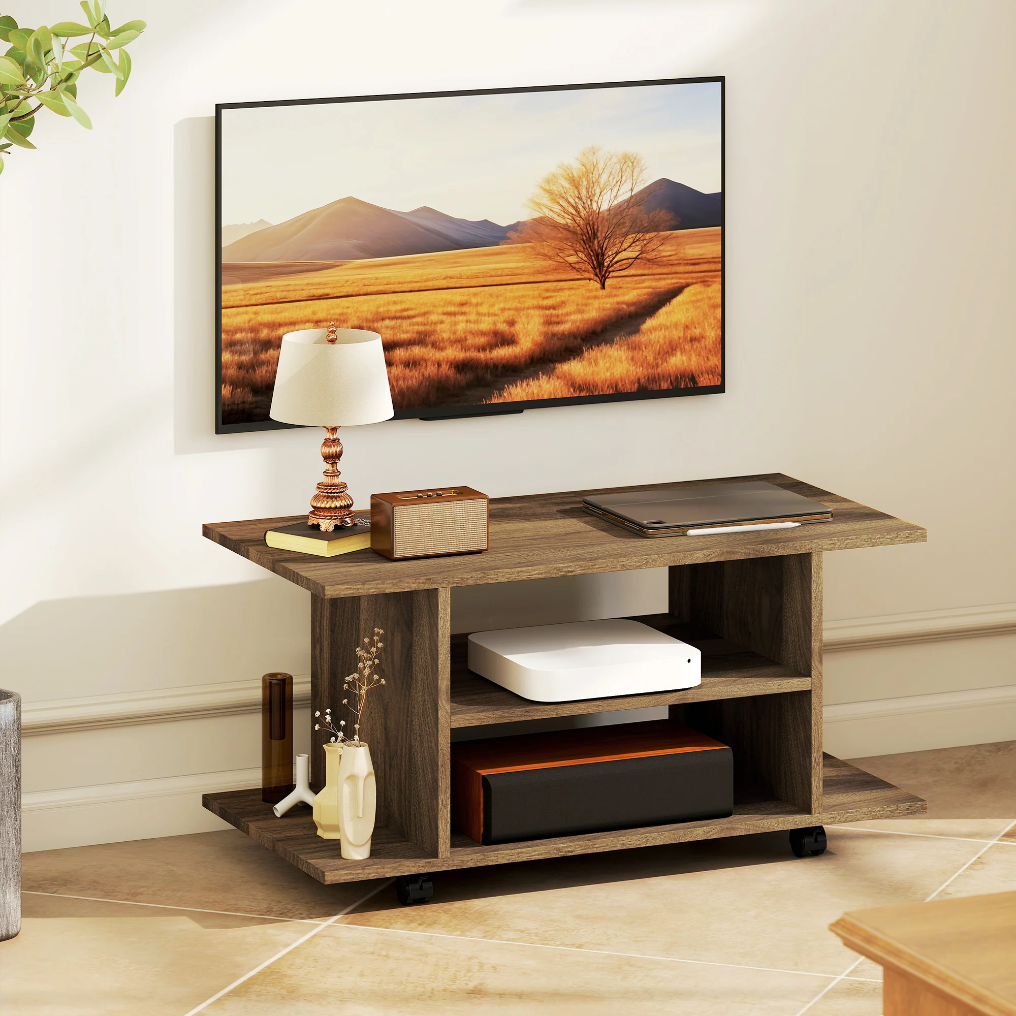 HOMCOM Modern TV Cabinet Stand Storage Shelves Table Mobile Walnut - Image 8