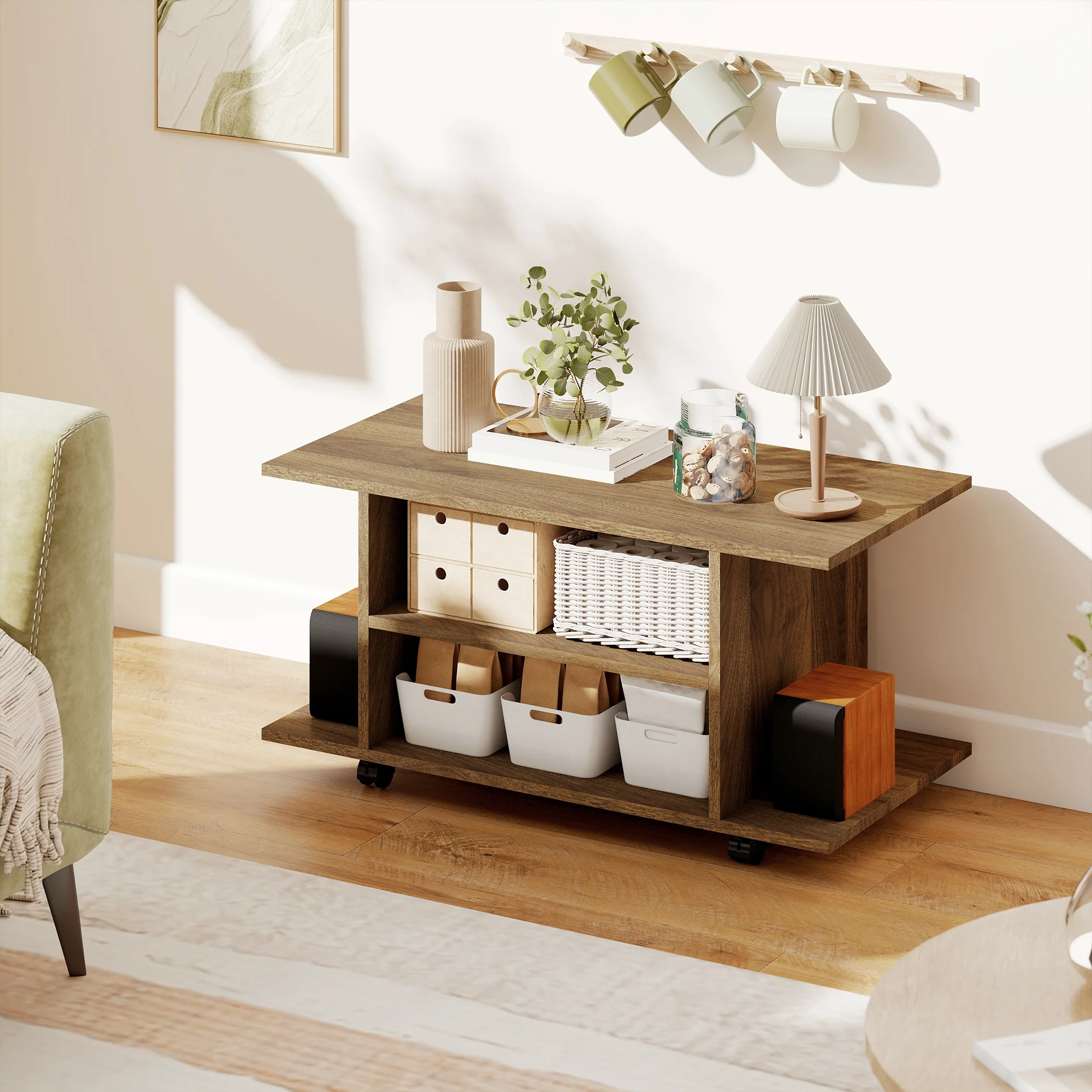 HOMCOM Modern TV Cabinet Stand Storage Shelves Table Mobile Walnut - Image 9