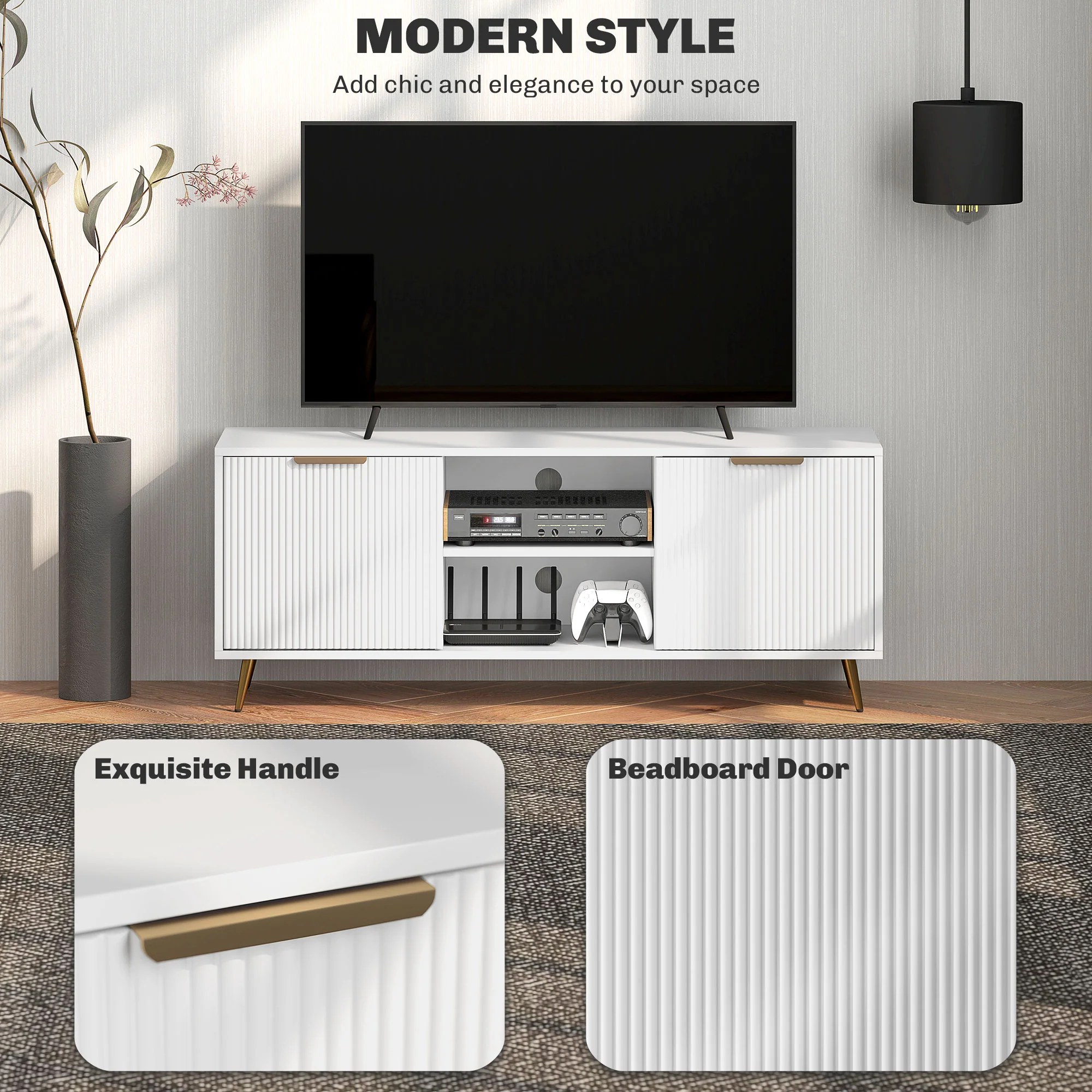 HOMCOM Modern TV Stand Cabinet With Storage For Living Room, White - Image 3