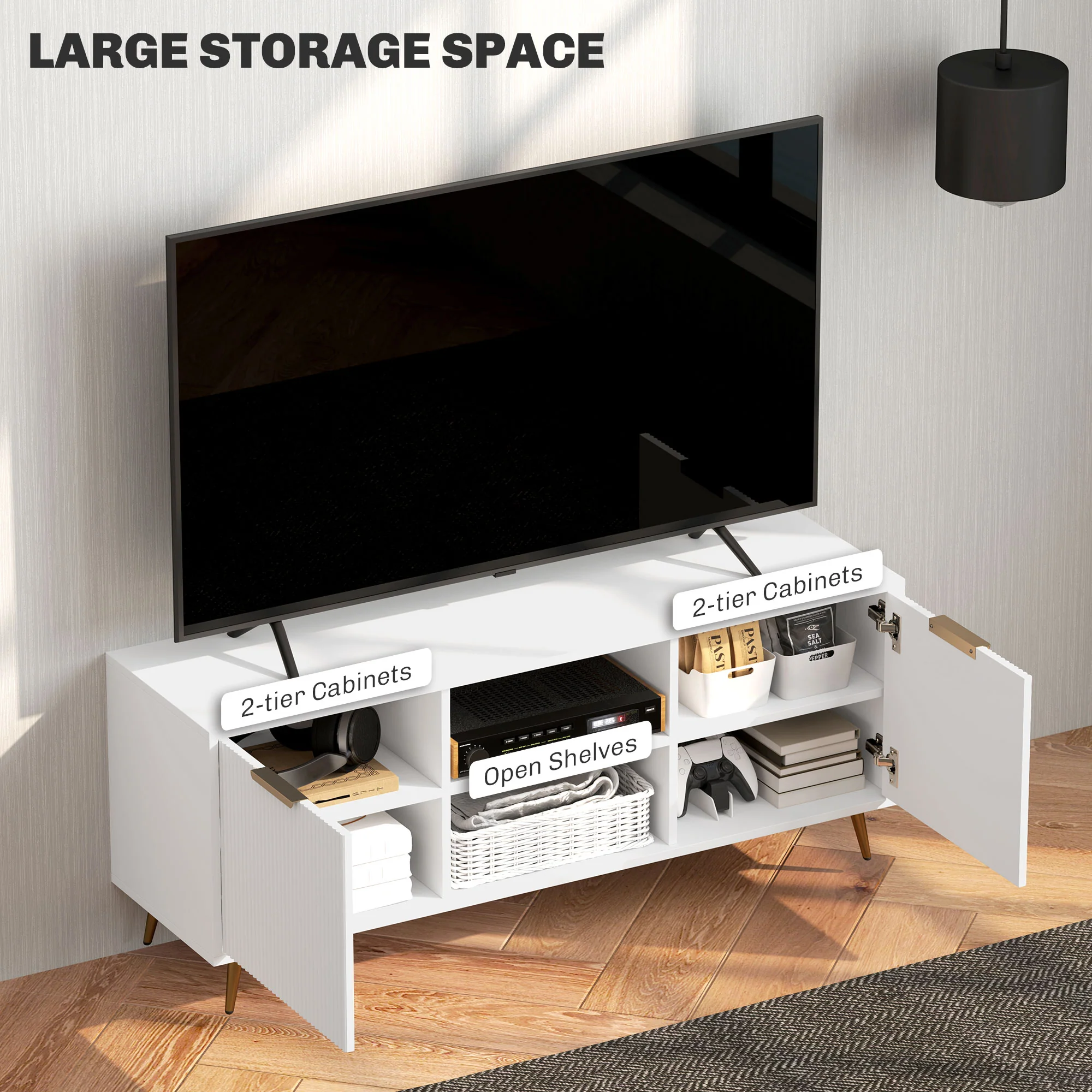 HOMCOM Modern TV Stand Cabinet With Storage For Living Room, White - Image 4