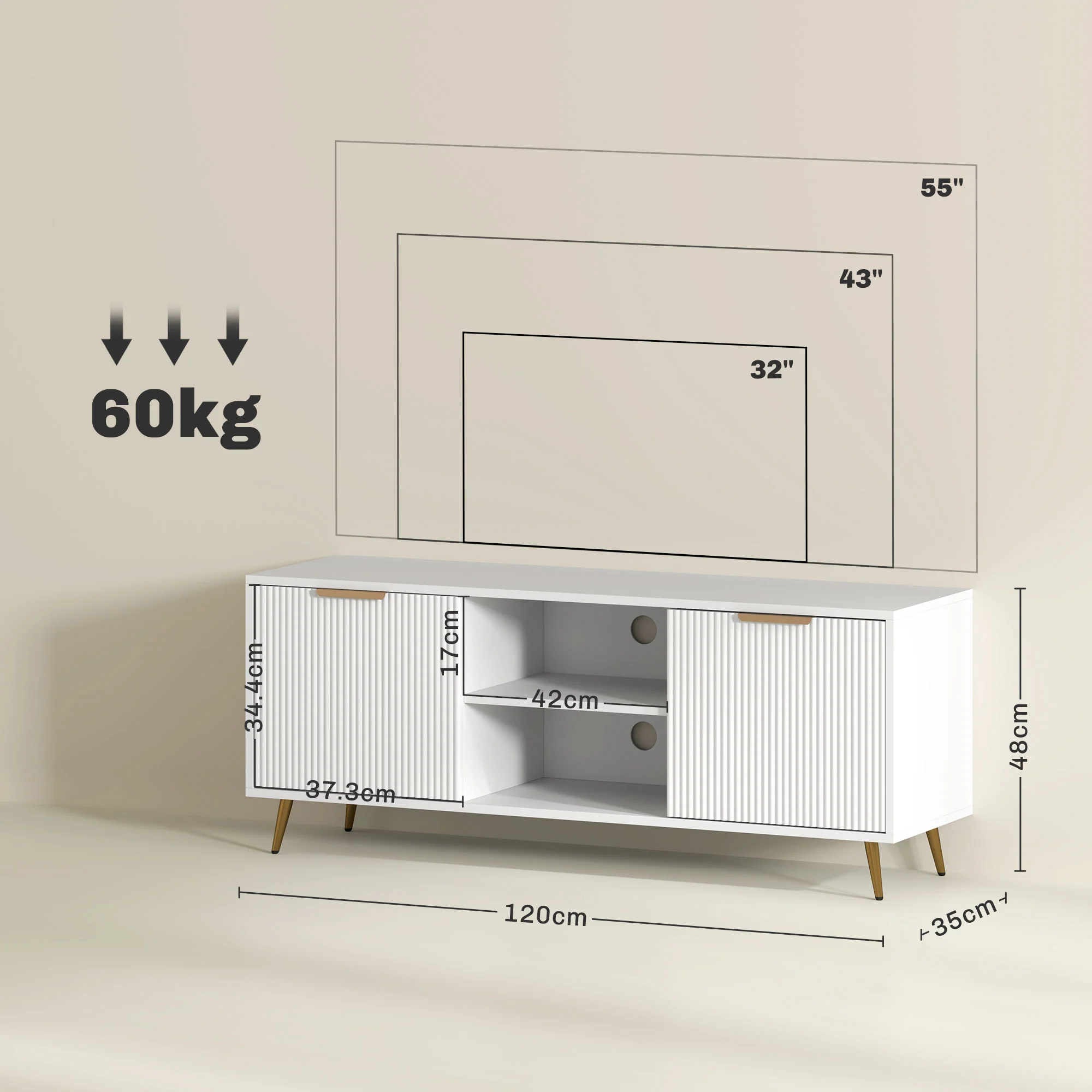 HOMCOM Modern TV Stand Cabinet With Storage For Living Room, White - Image 5