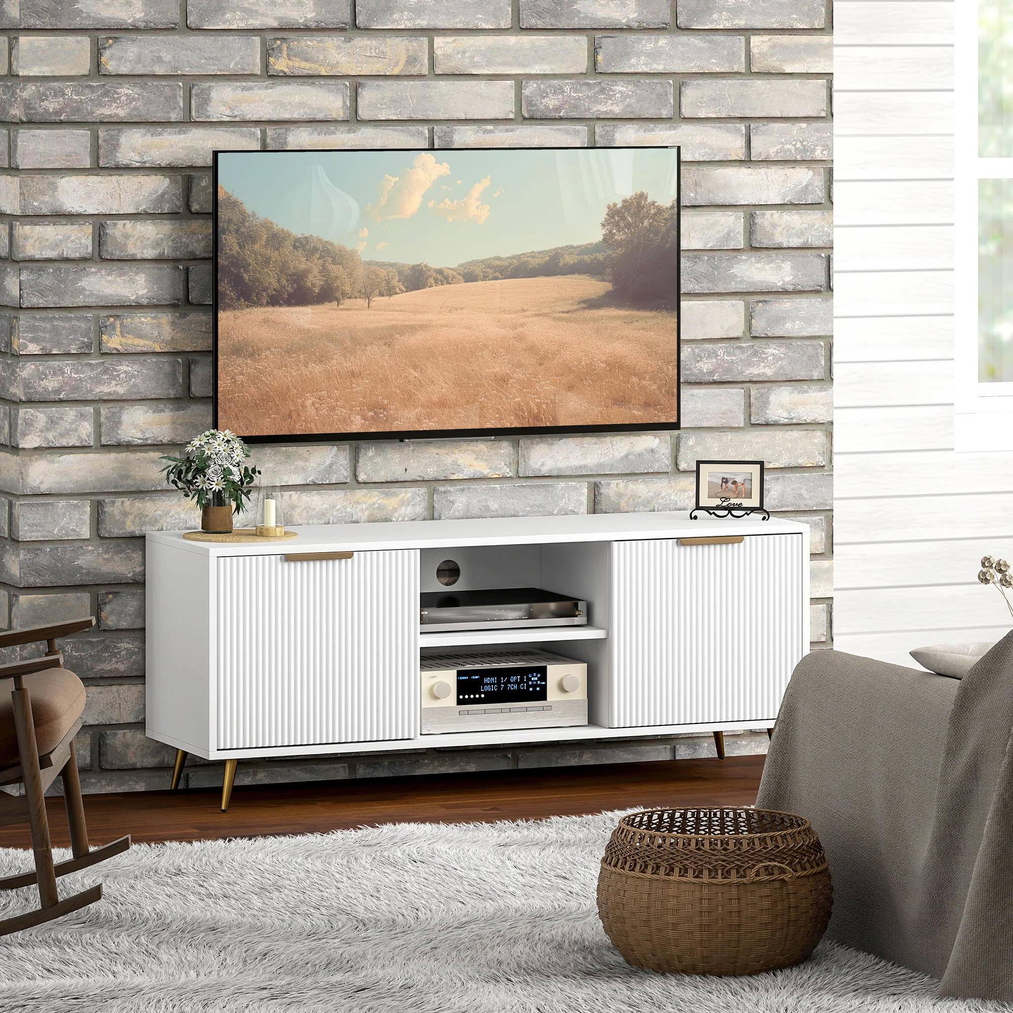 HOMCOM Modern TV Stand Cabinet With Storage For Living Room, White - Image 7