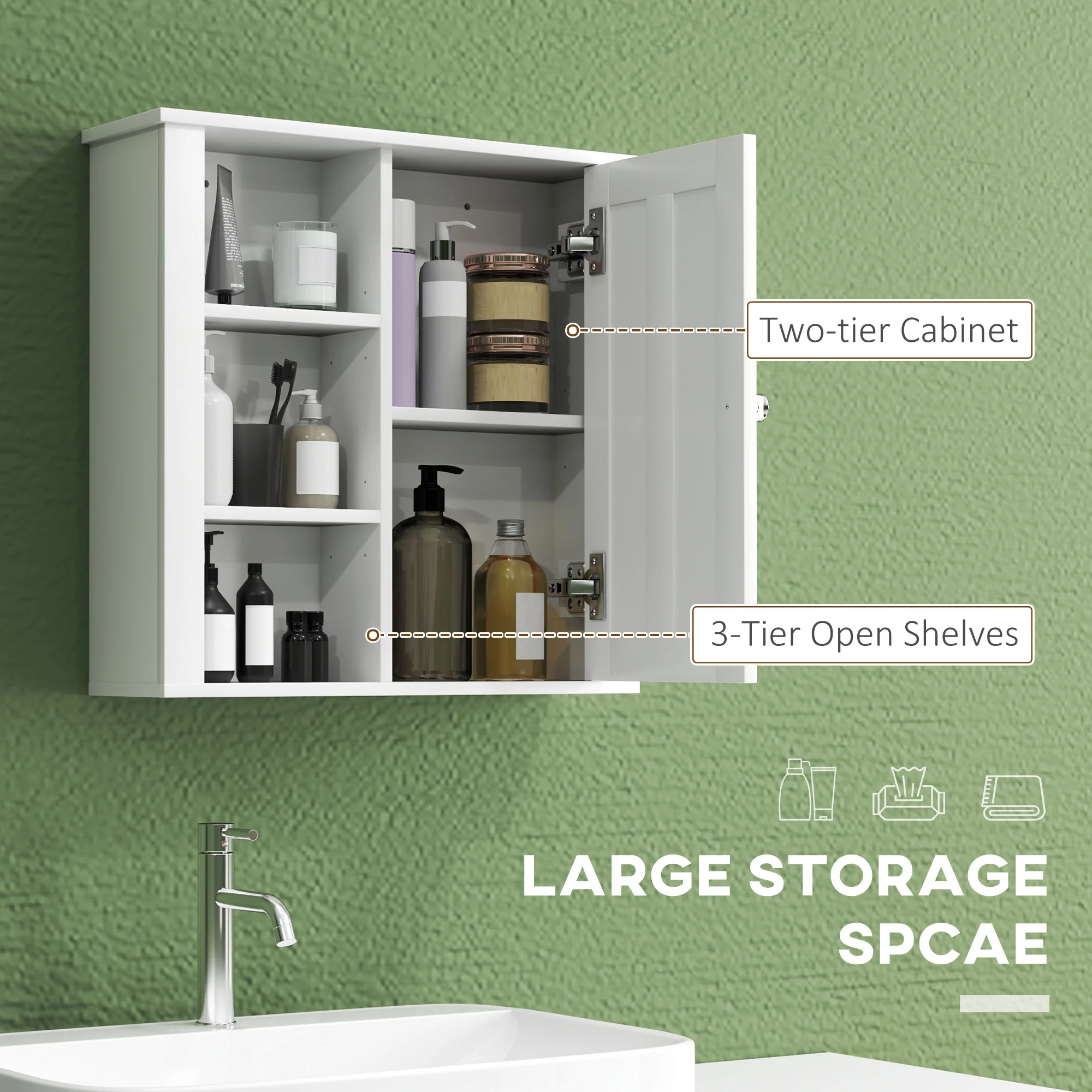 HOMCOM Modern Wall Mounted Bathroom Cabinet With Adjustable Shelves, White - Image 4