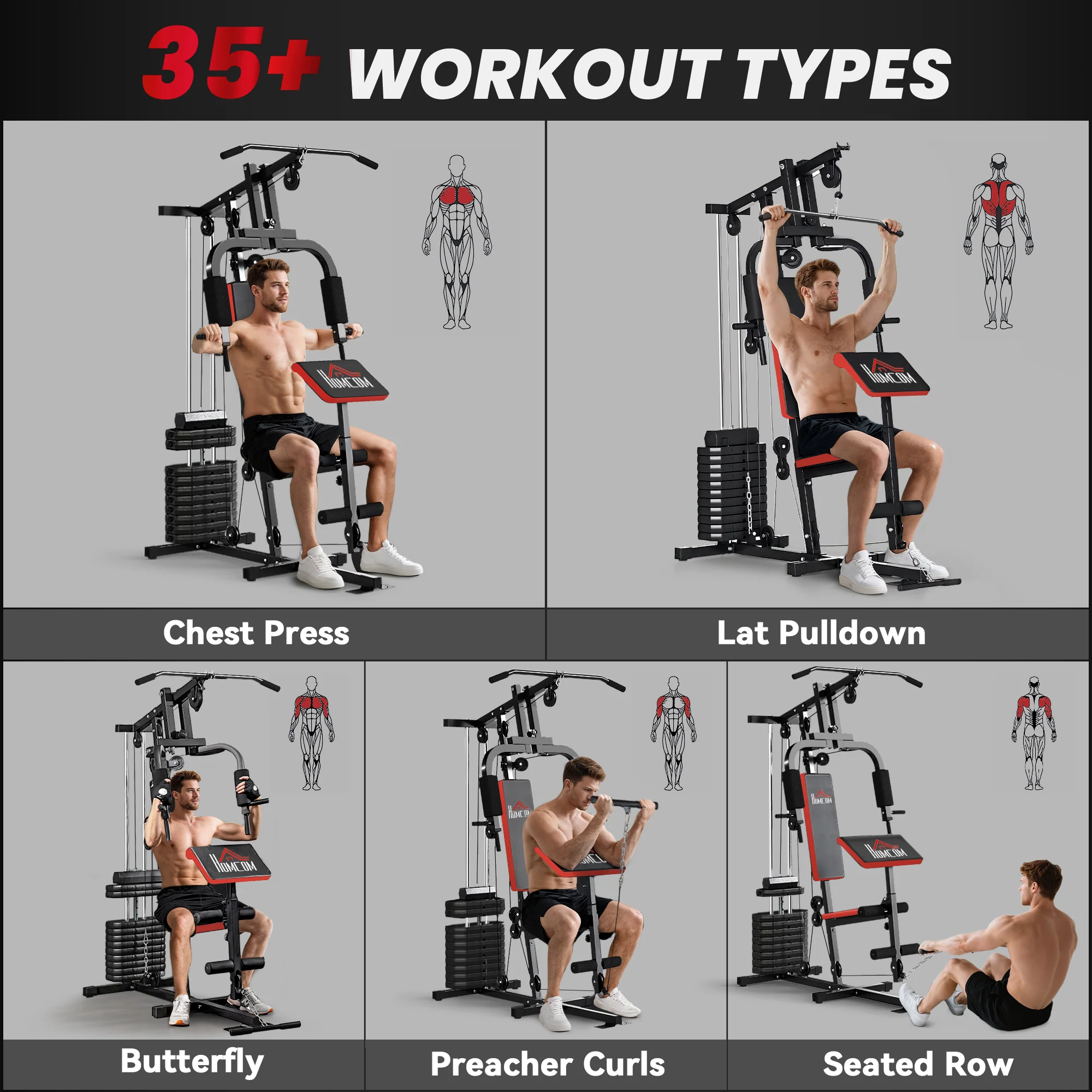 HOMCOM Multi Home Gym Machine with 65kg Weights for Strength Training Black - Image 4