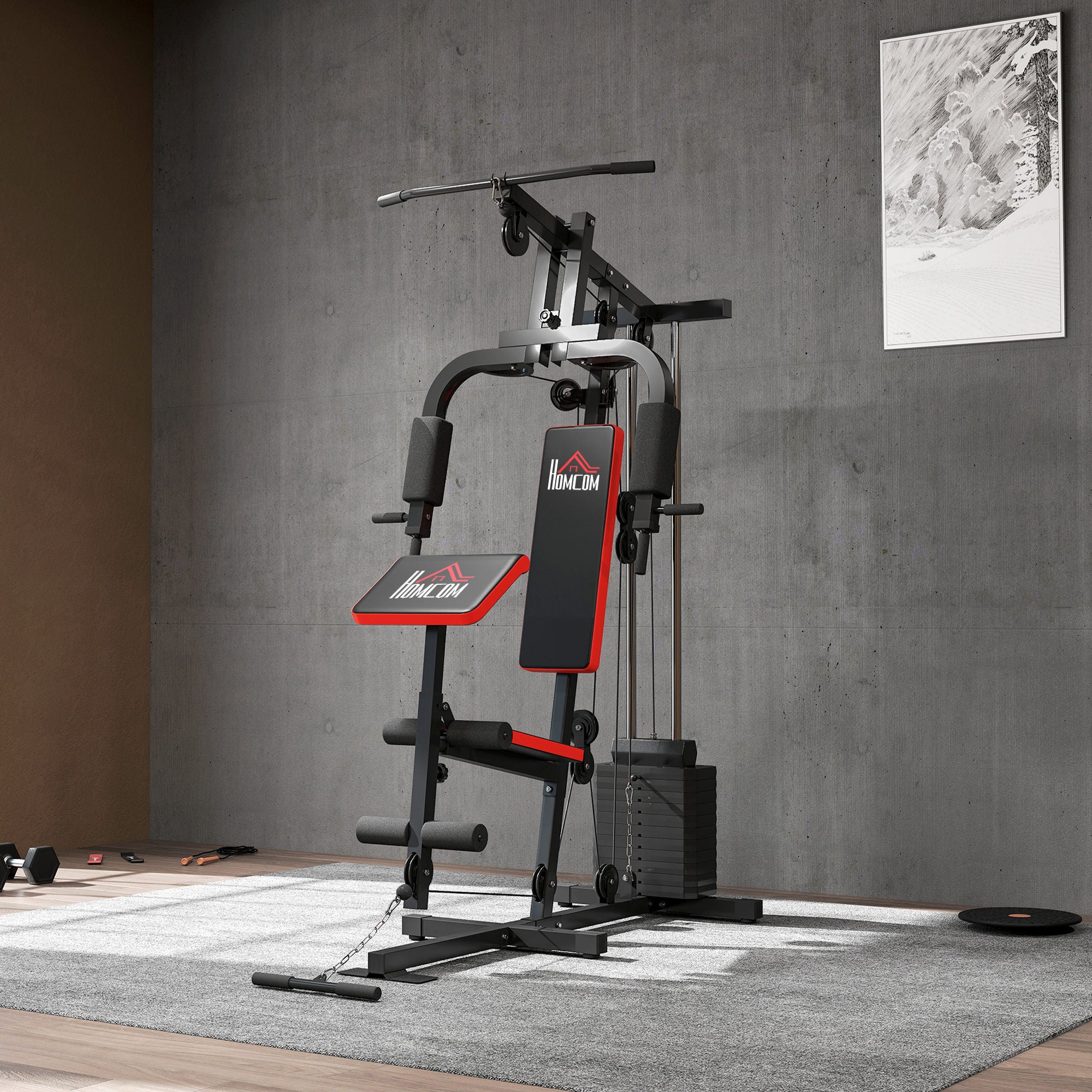 HOMCOM Multi Home Gym Machine with 65kg Weights for Strength Training Black - Image 9