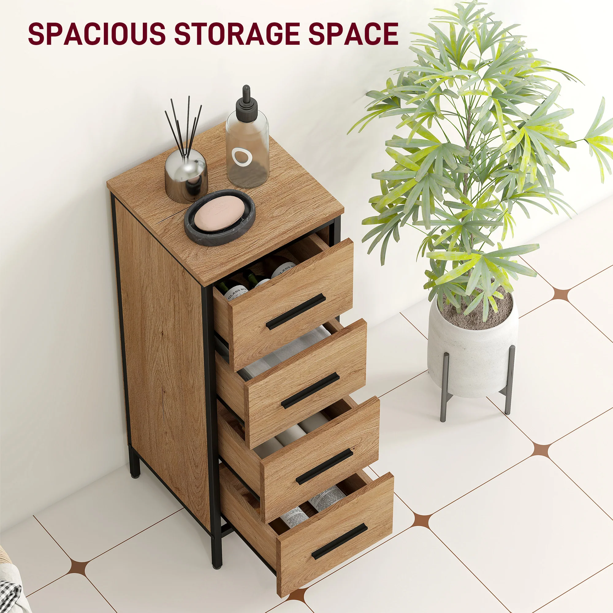 HOMCOM Narrow Bathroom Storage Cabinet with 4 Drawers for Small Spaces, Oak - Image 3