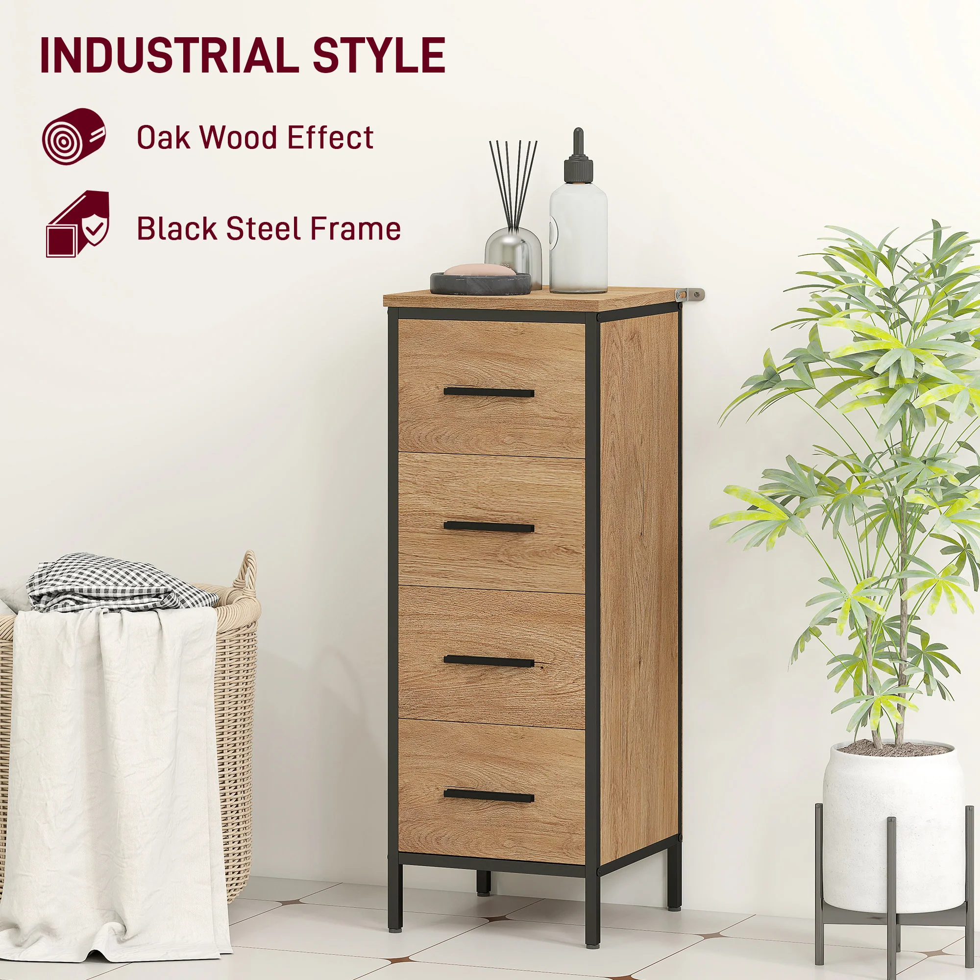HOMCOM Narrow Bathroom Storage Cabinet with 4 Drawers for Small Spaces, Oak - Image 4