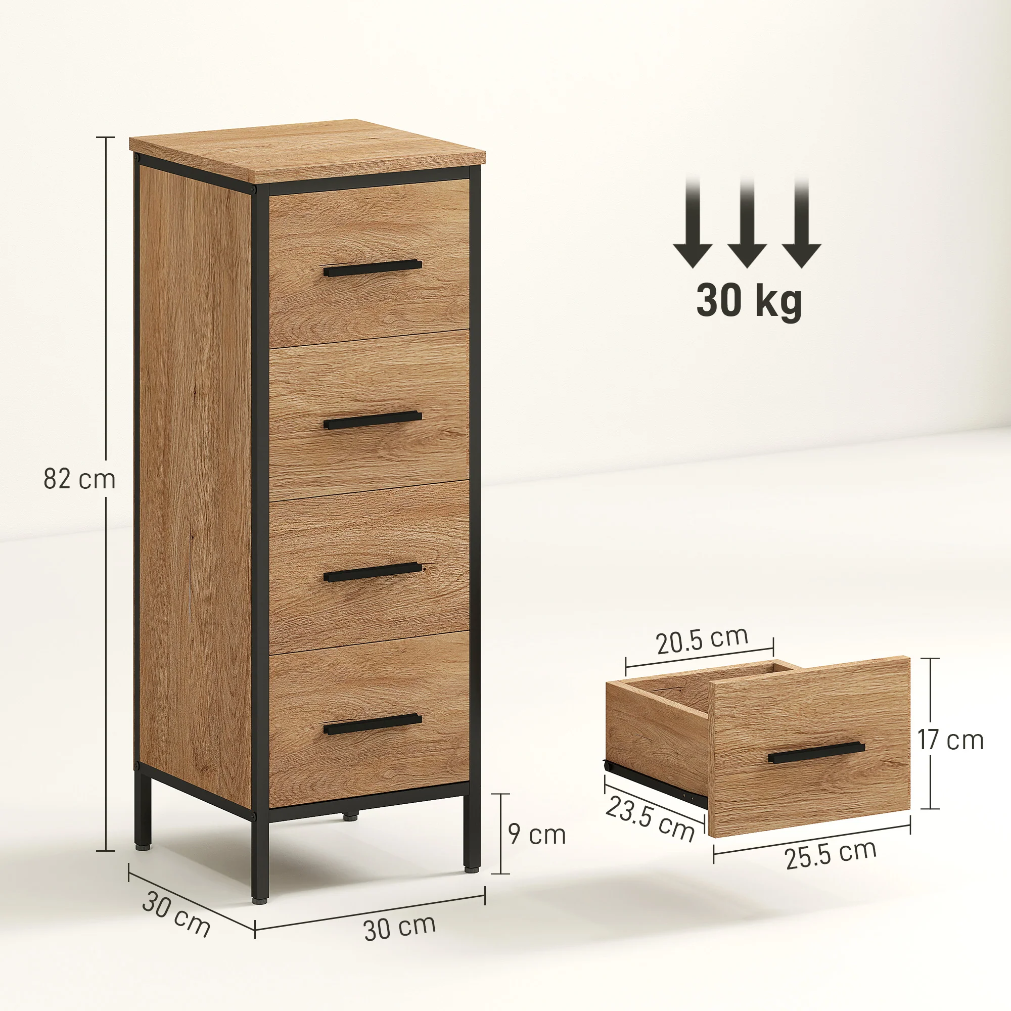 HOMCOM Narrow Bathroom Storage Cabinet with 4 Drawers for Small Spaces, Oak - Image 5